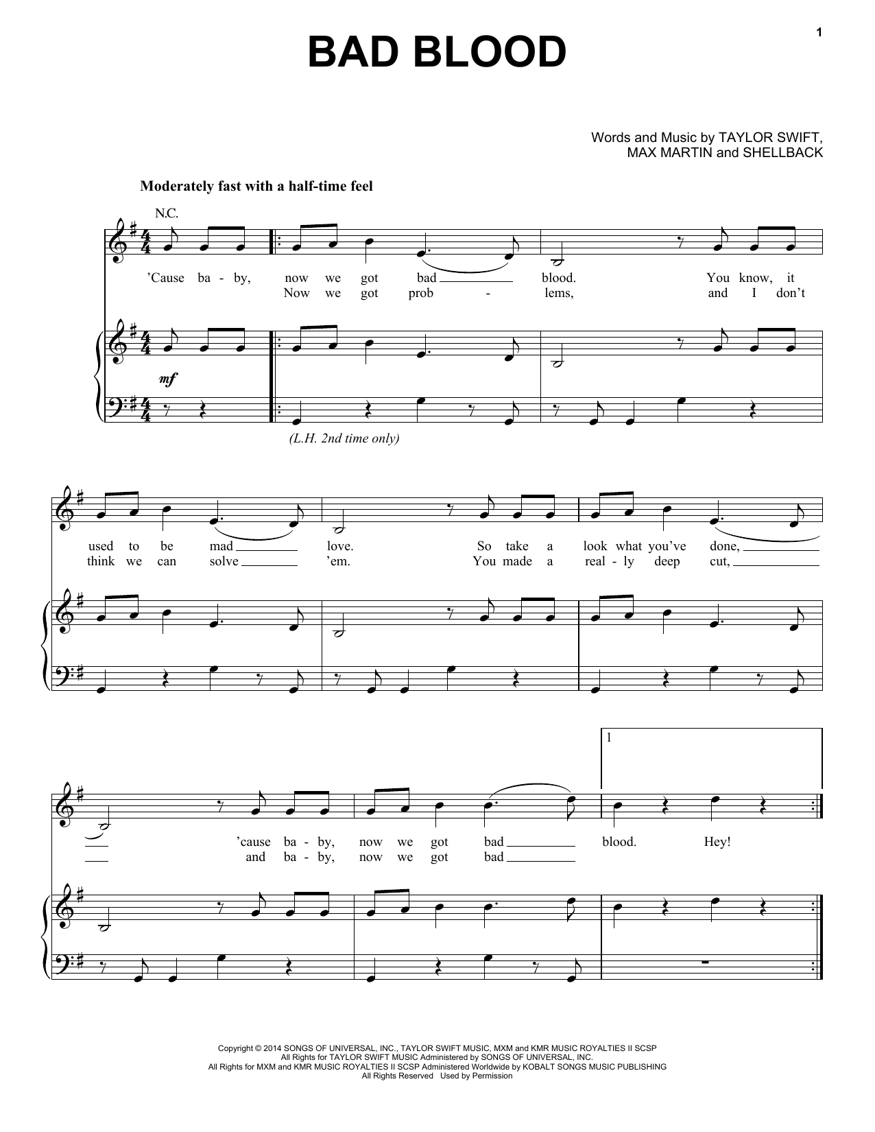 Taylor Swift Bad Blood Sheet Music Notes & Chords for Lyrics & Chords - Download or Print PDF