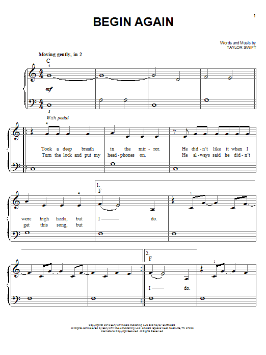 Taylor Swift Begin Again Sheet Music Notes & Chords for Voice - Download or Print PDF