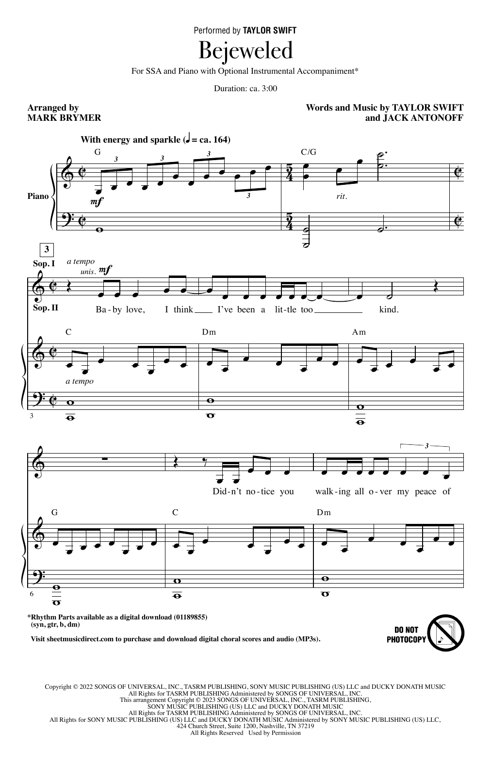 Taylor Swift Bejeweled (arr. Mark Brymer) Sheet Music Notes & Chords for SSA Choir - Download or Print PDF