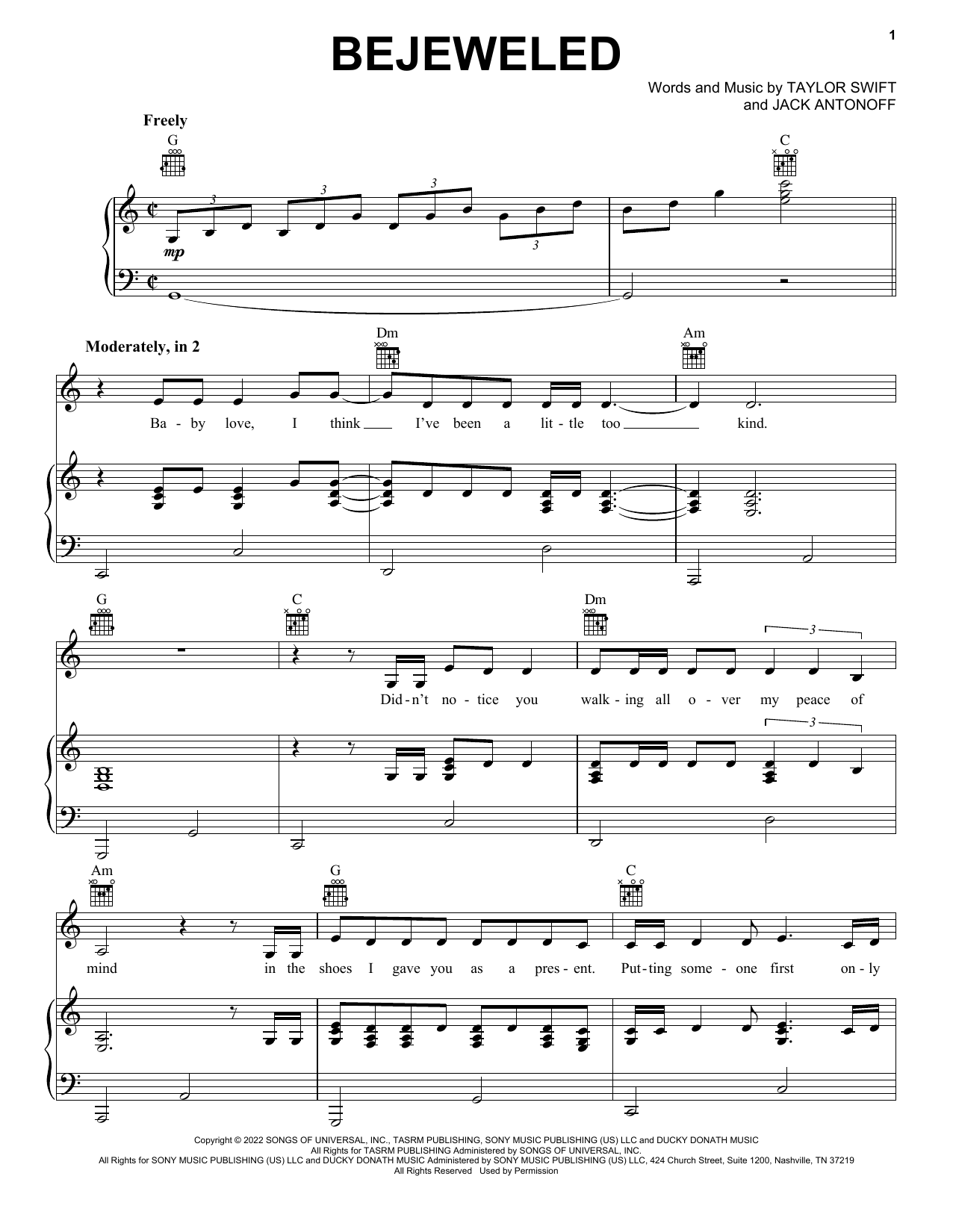 Taylor Swift Bejeweled Sheet Music Notes & Chords for Piano, Vocal & Guitar Chords (Right-Hand Melody) - Download or Print PDF