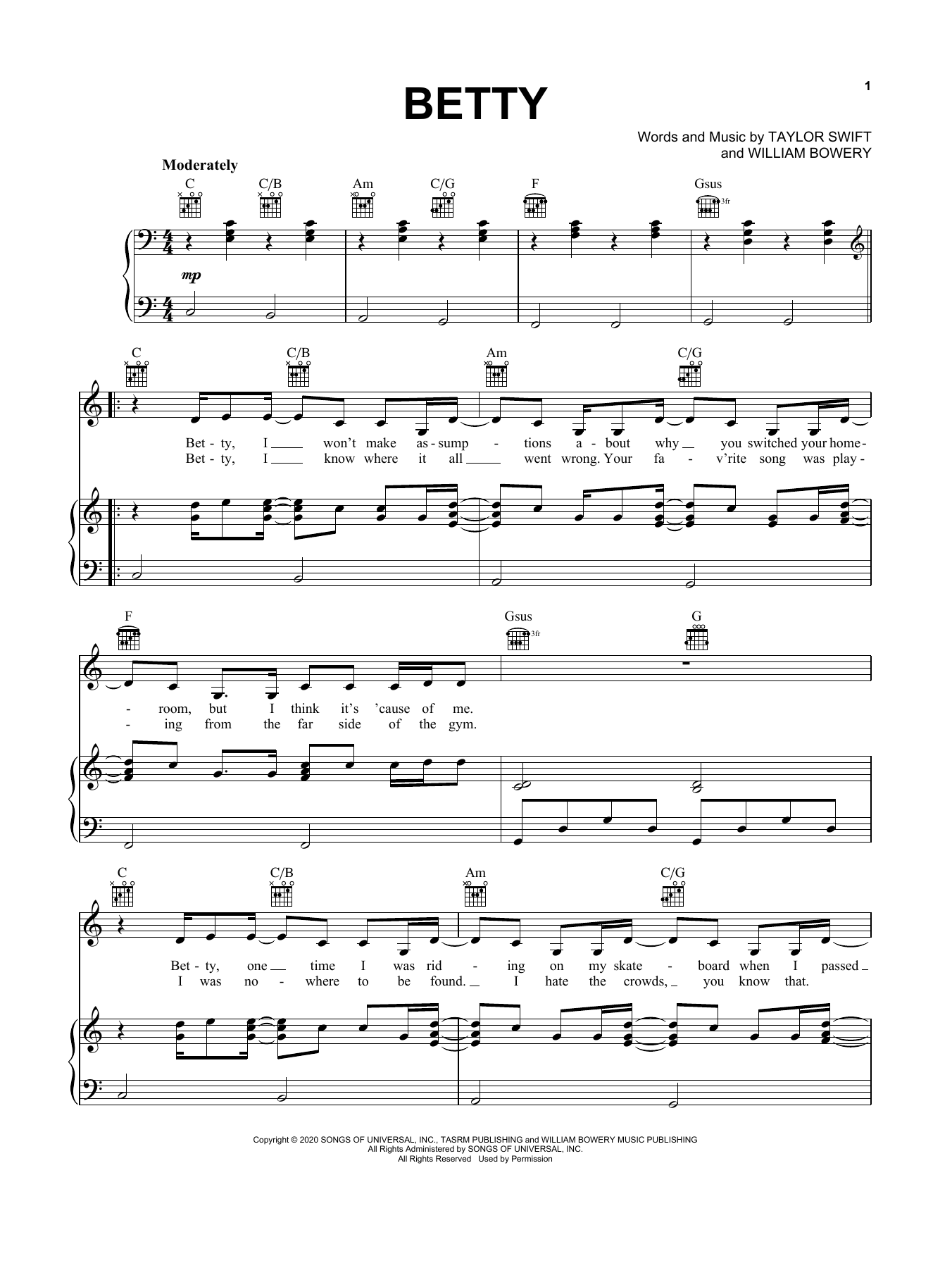 Taylor Swift betty Sheet Music Notes & Chords for Piano, Vocal & Guitar (Right-Hand Melody) - Download or Print PDF