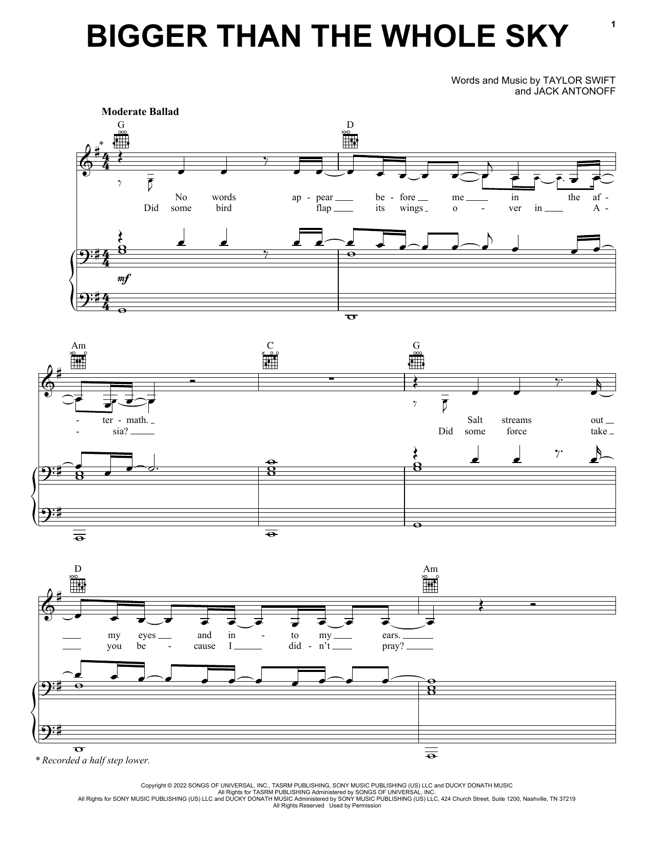 Taylor Swift Bigger Than The Whole Sky Sheet Music Notes & Chords for Piano, Vocal & Guitar Chords (Right-Hand Melody) - Download or Print PDF