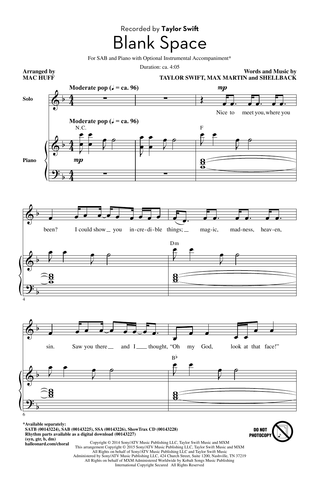 Taylor Swift Blank Space (arr. Mac Huff) Sheet Music Notes & Chords for SSA - Download or Print PDF