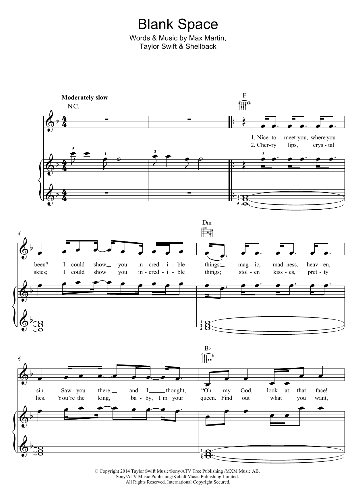 Taylor Swift Blank Space Sheet Music Notes & Chords for Piano, Vocal & Guitar (Right-Hand Melody) - Download or Print PDF