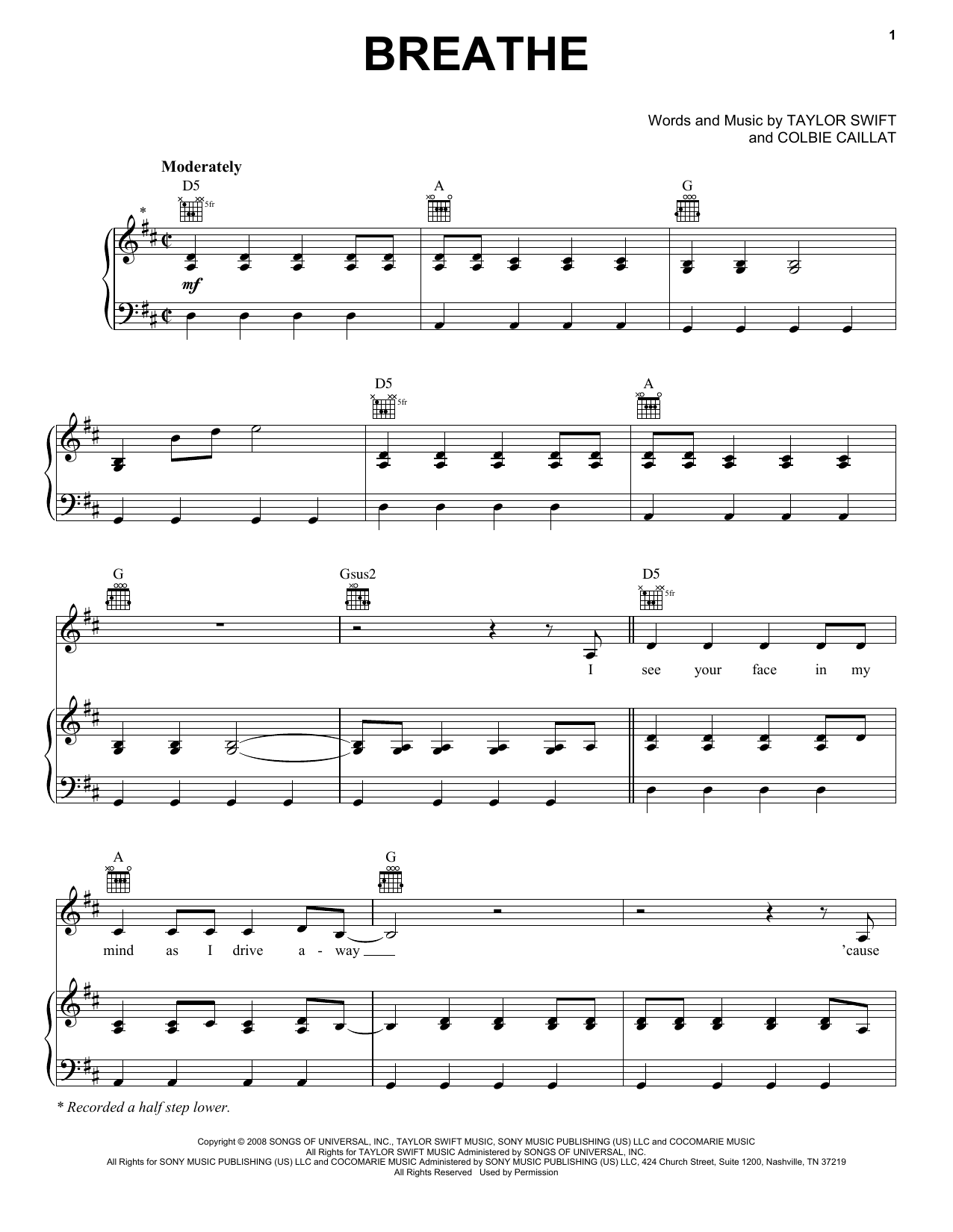 Taylor Swift Breathe Sheet Music Notes & Chords for Easy Guitar Tab - Download or Print PDF
