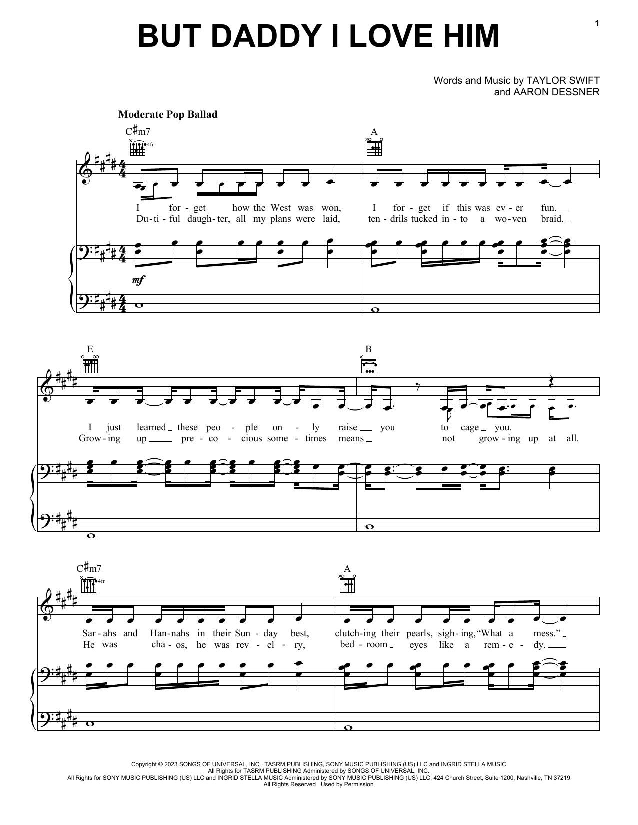 Taylor Swift But Daddy I Love Him Sheet Music Notes & Chords for Piano, Vocal & Guitar Chords (Right-Hand Melody) - Download or Print PDF