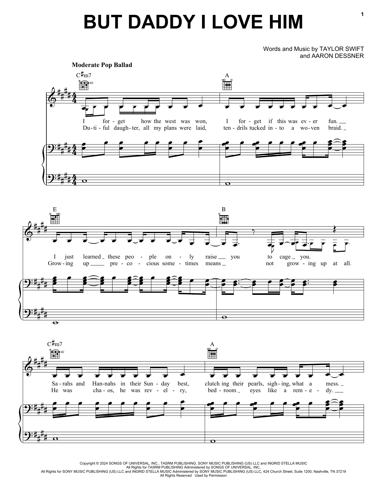 Taylor Swift But Daddy I Love Him Sheet Music Notes & Chords for Easy Piano - Download or Print PDF