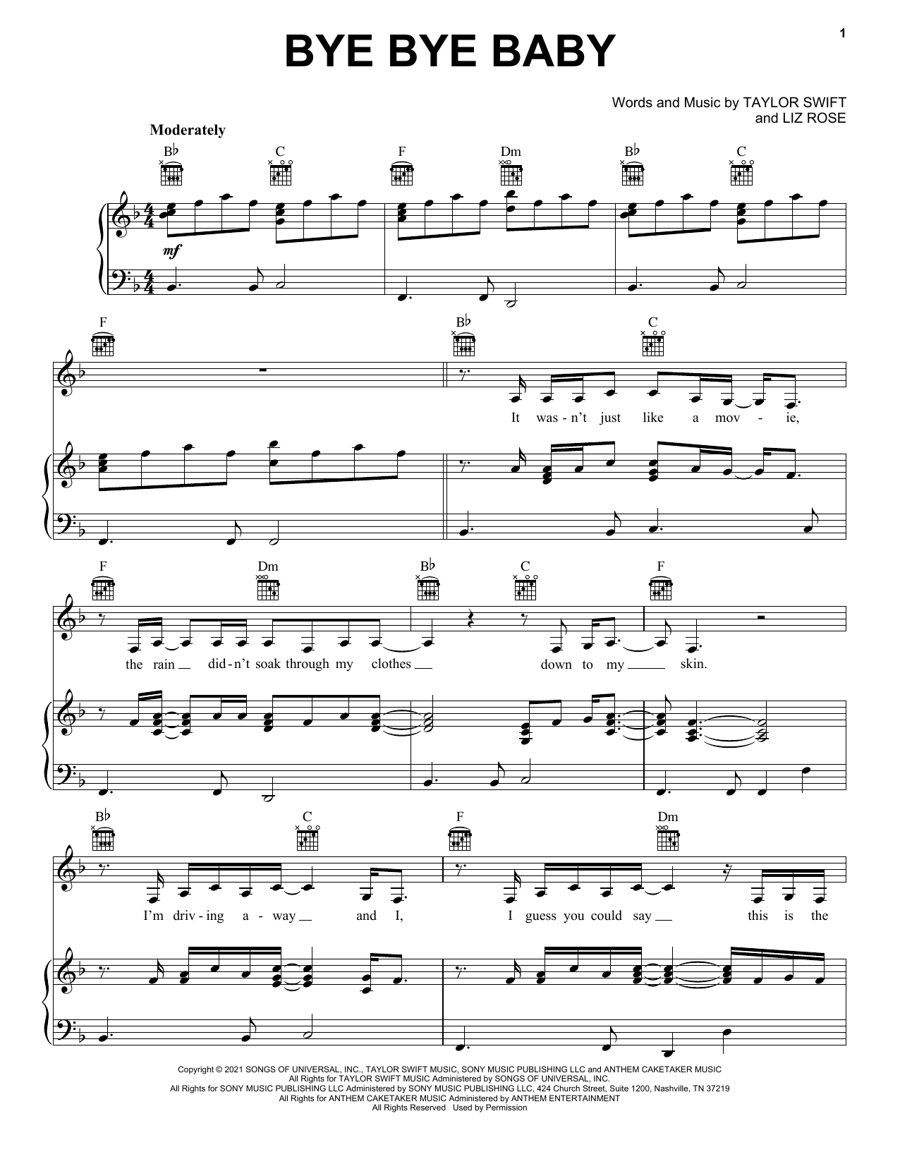 Taylor Swift Bye Bye Baby (Taylor's Version) (From The Vault) Sheet Music Notes & Chords for Piano, Vocal & Guitar Chords (Right-Hand Melody) - Download or Print PDF