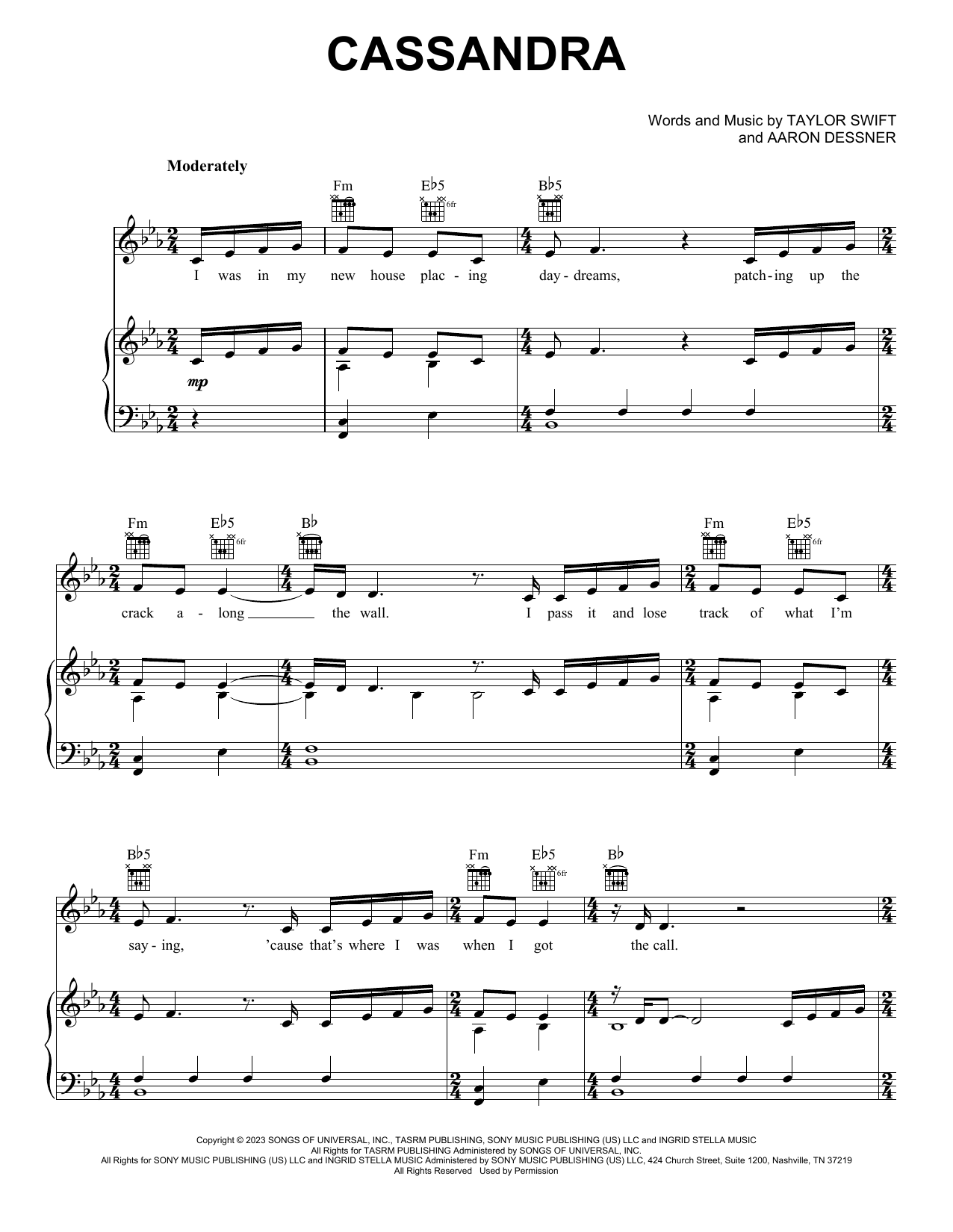 Taylor Swift Cassandra Sheet Music Notes & Chords for Piano, Vocal & Guitar Chords (Right-Hand Melody) - Download or Print PDF