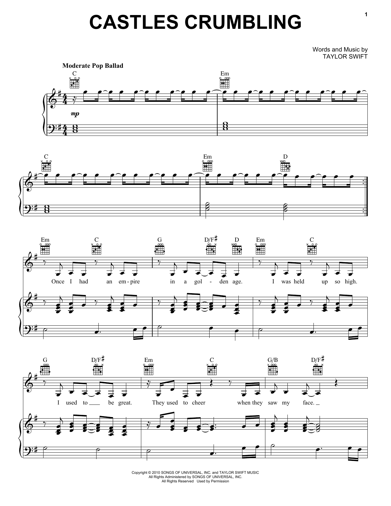 Taylor Swift Castles Crumbling (feat. Hayley Williams) (Taylor's Version) (From The Vault) Sheet Music Notes & Chords for Piano, Vocal & Guitar Chords (Right-Hand Melody) - Download or Print PDF