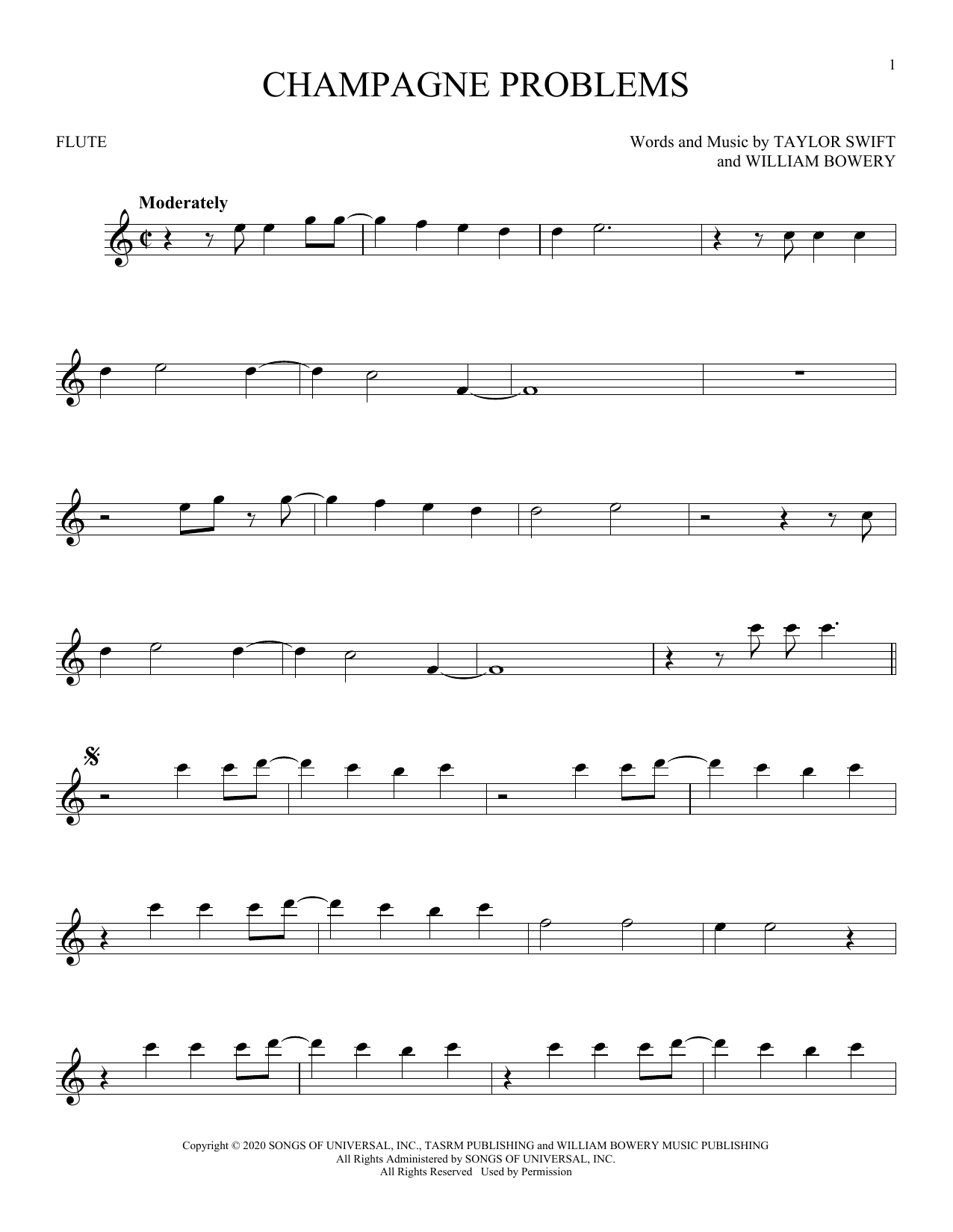 Taylor Swift champagne problems Sheet Music Notes & Chords for Alto Sax Solo - Download or Print PDF