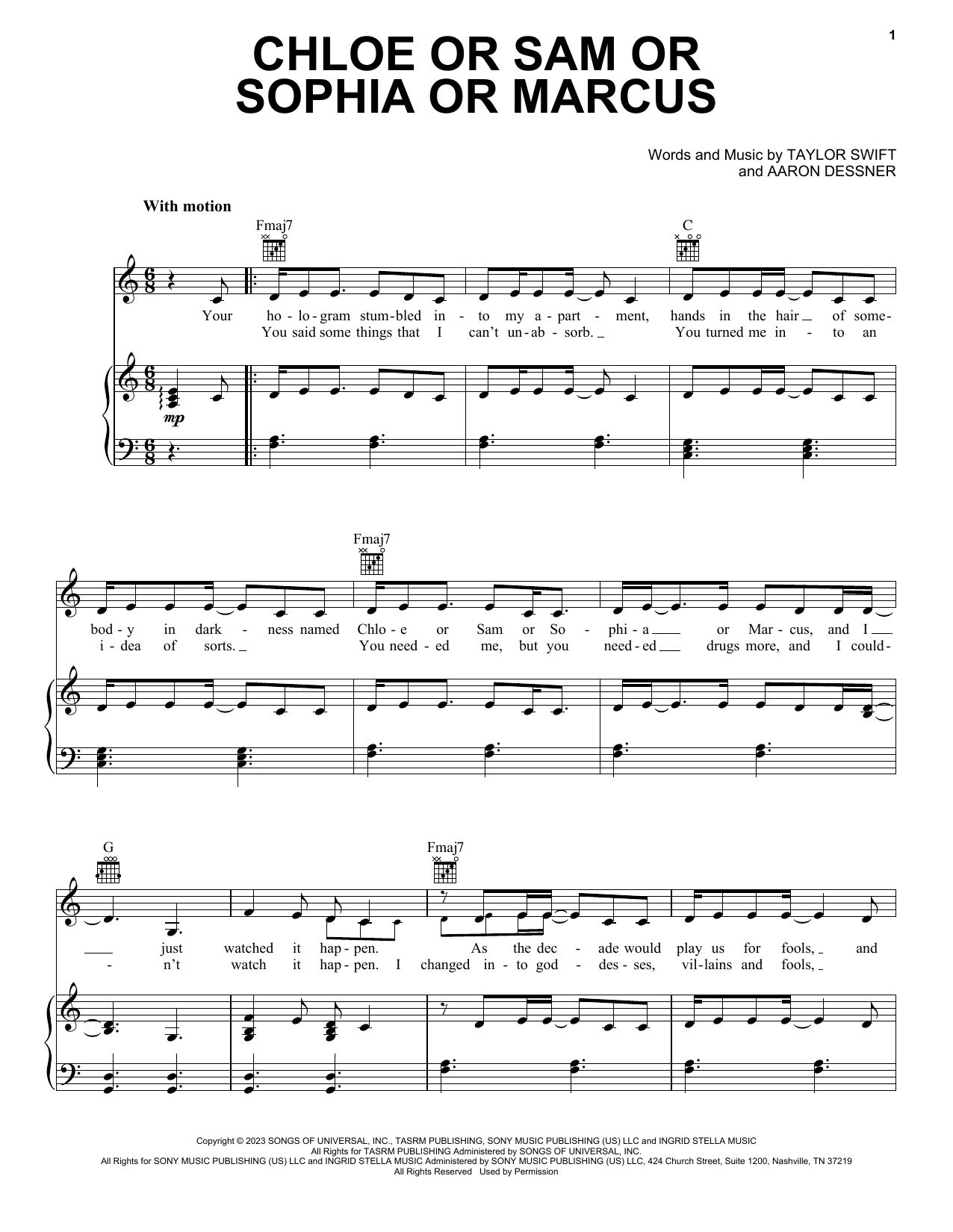 Taylor Swift Chloe Or Sam Or Sophia Or Marcus Sheet Music Notes & Chords for Piano, Vocal & Guitar Chords (Right-Hand Melody) - Download or Print PDF