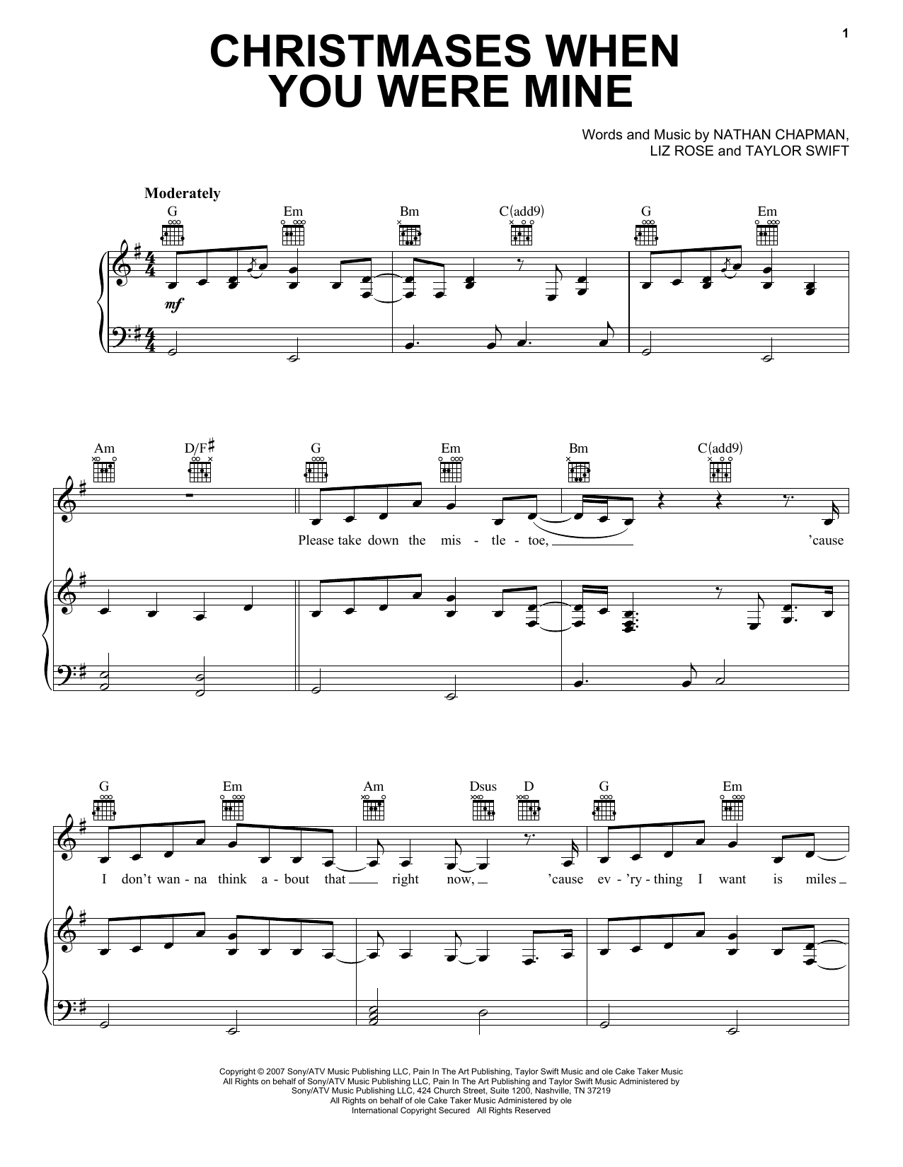 Taylor Swift Christmases When You Were Mine Sheet Music Notes & Chords for Melody Line, Lyrics & Chords - Download or Print PDF