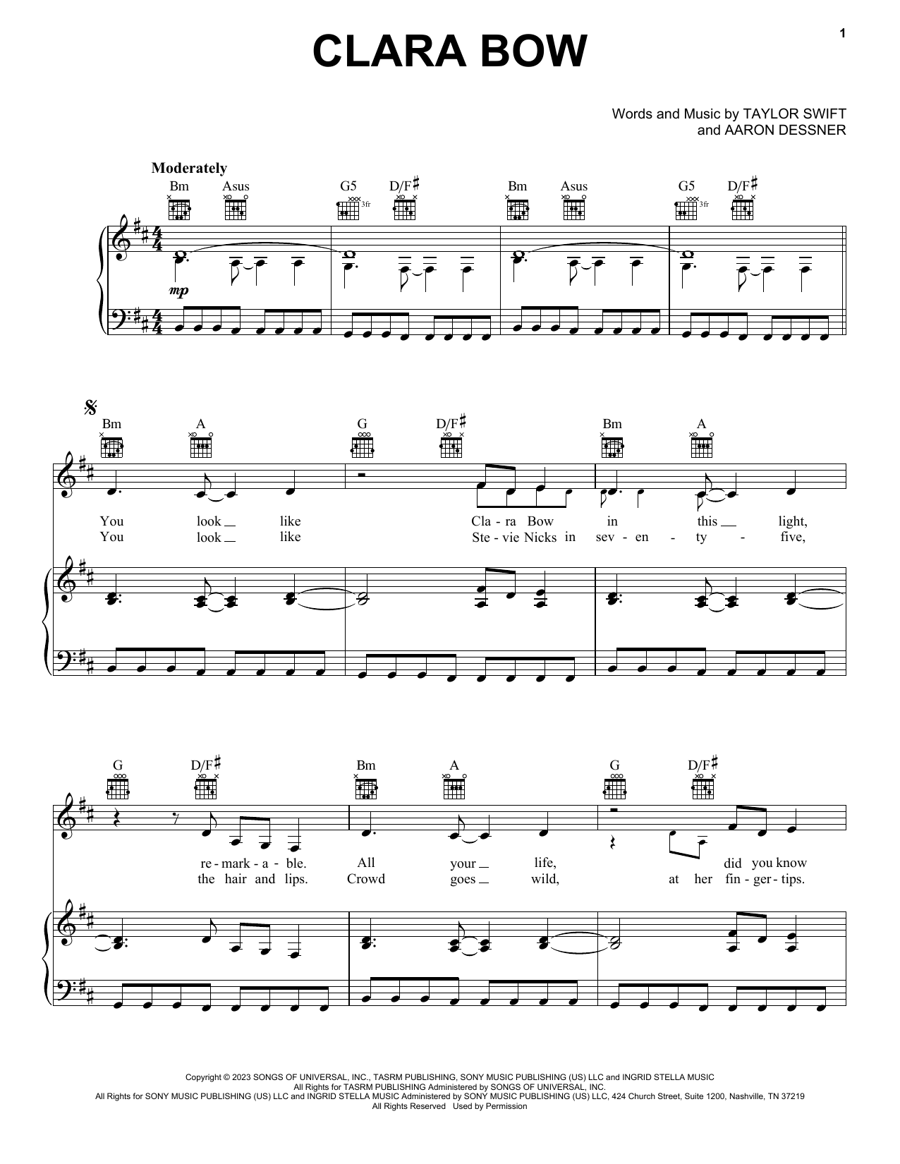 Taylor Swift Clara Bow Sheet Music Notes & Chords for Easy Piano - Download or Print PDF