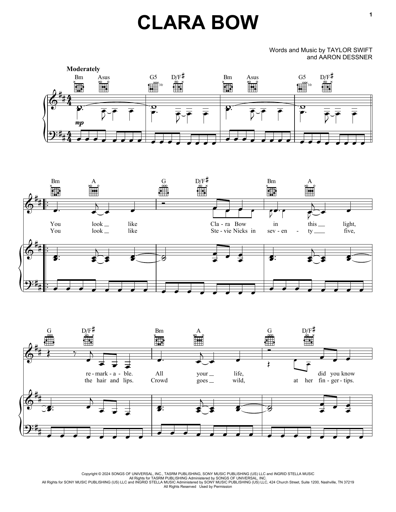 Taylor Swift Clara Bow Sheet Music Notes & Chords for Easy Piano - Download or Print PDF