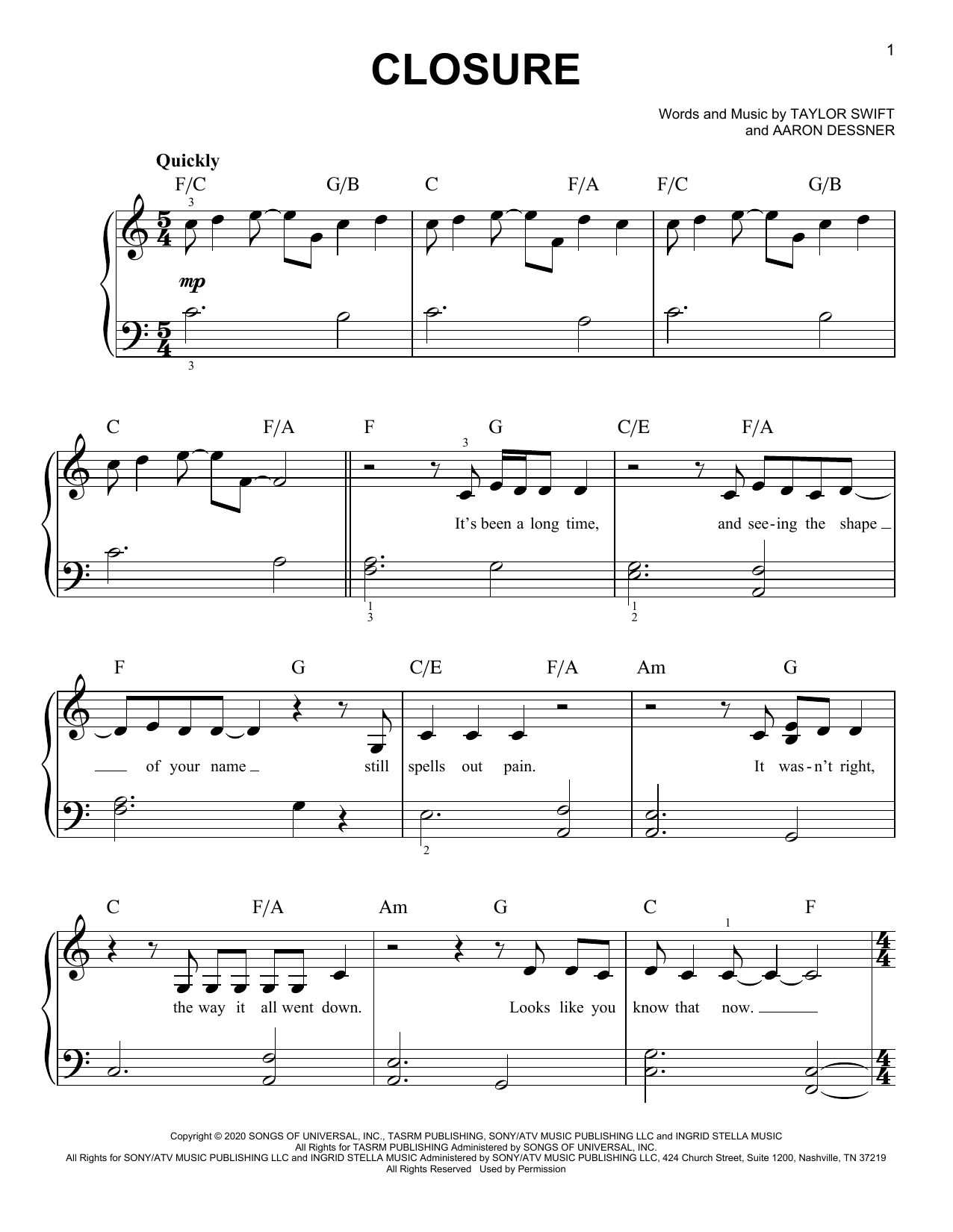 Taylor Swift closure Sheet Music Notes & Chords for Easy Piano - Download or Print PDF