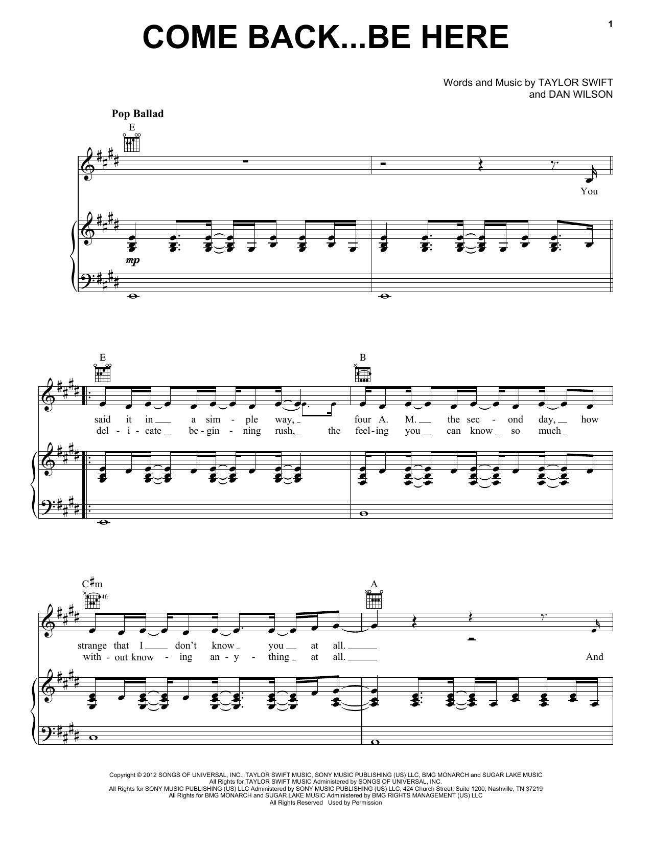 Taylor Swift Come Back...Be Here (Taylor's Version) Sheet Music Notes & Chords for Piano, Vocal & Guitar Chords (Right-Hand Melody) - Download or Print PDF