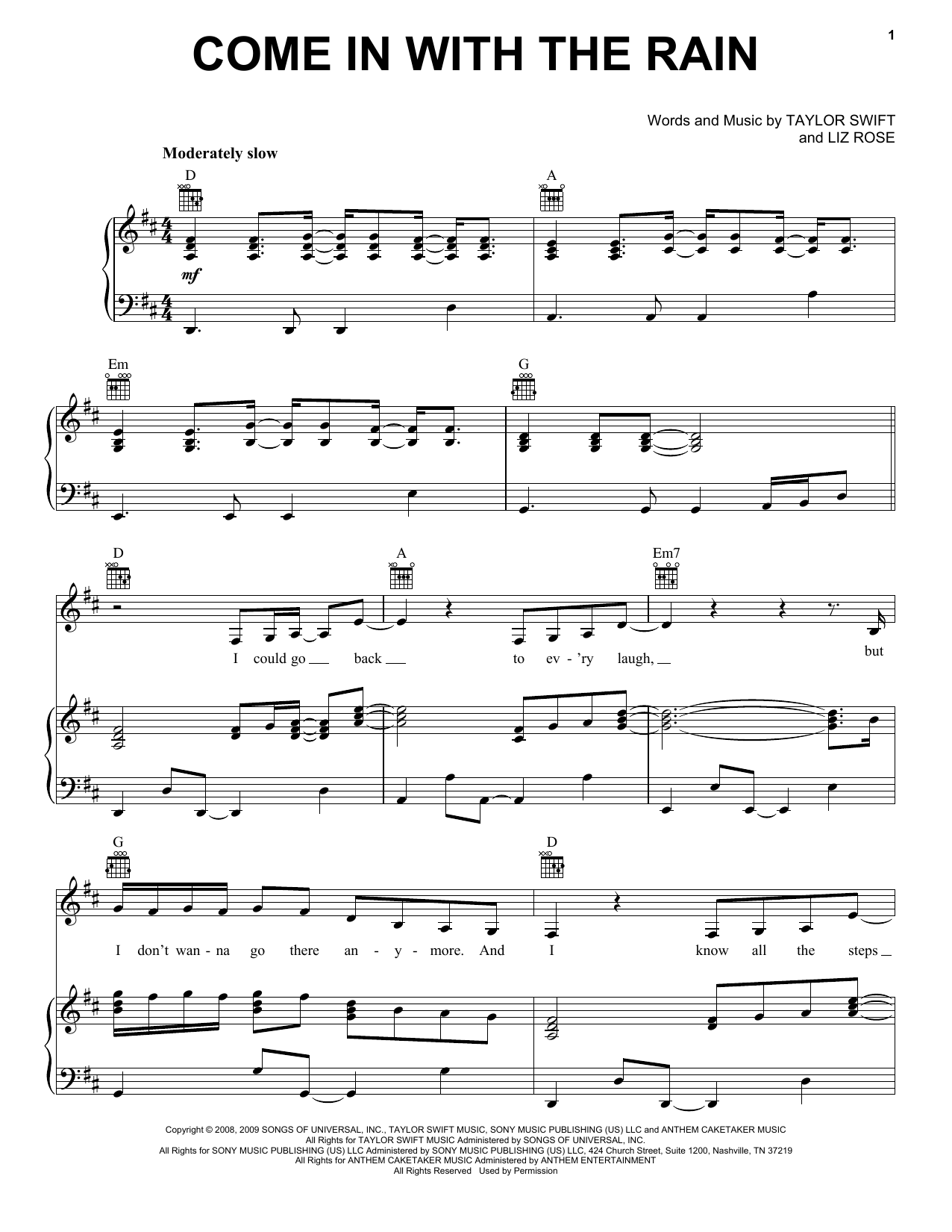 Taylor Swift Come In With The Rain Sheet Music Notes & Chords for Piano, Vocal & Guitar (Right-Hand Melody) - Download or Print PDF