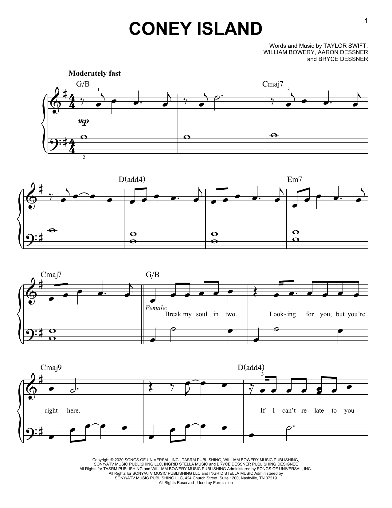 Taylor Swift coney island (feat. The National) Sheet Music Notes & Chords for Easy Piano - Download or Print PDF