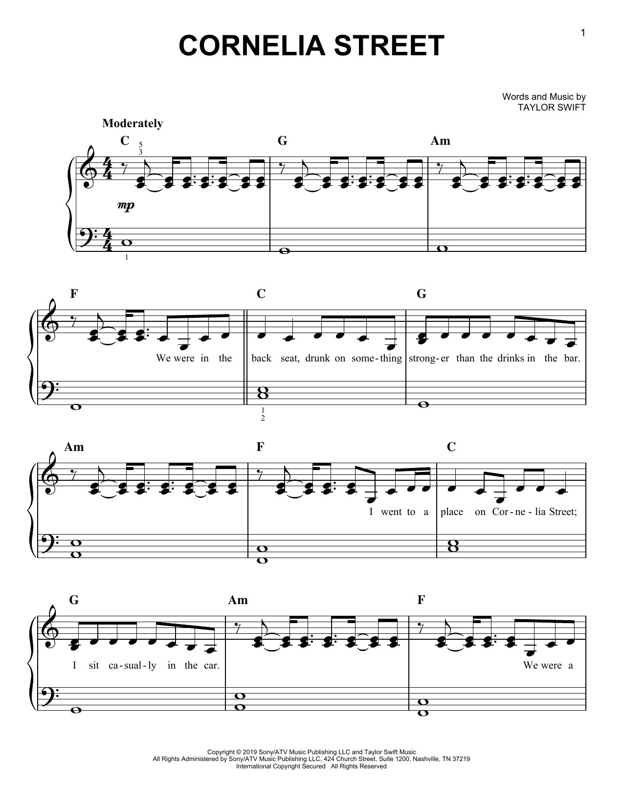 Taylor Swift Cornelia Street Sheet Music Notes & Chords for Easy Piano - Download or Print PDF