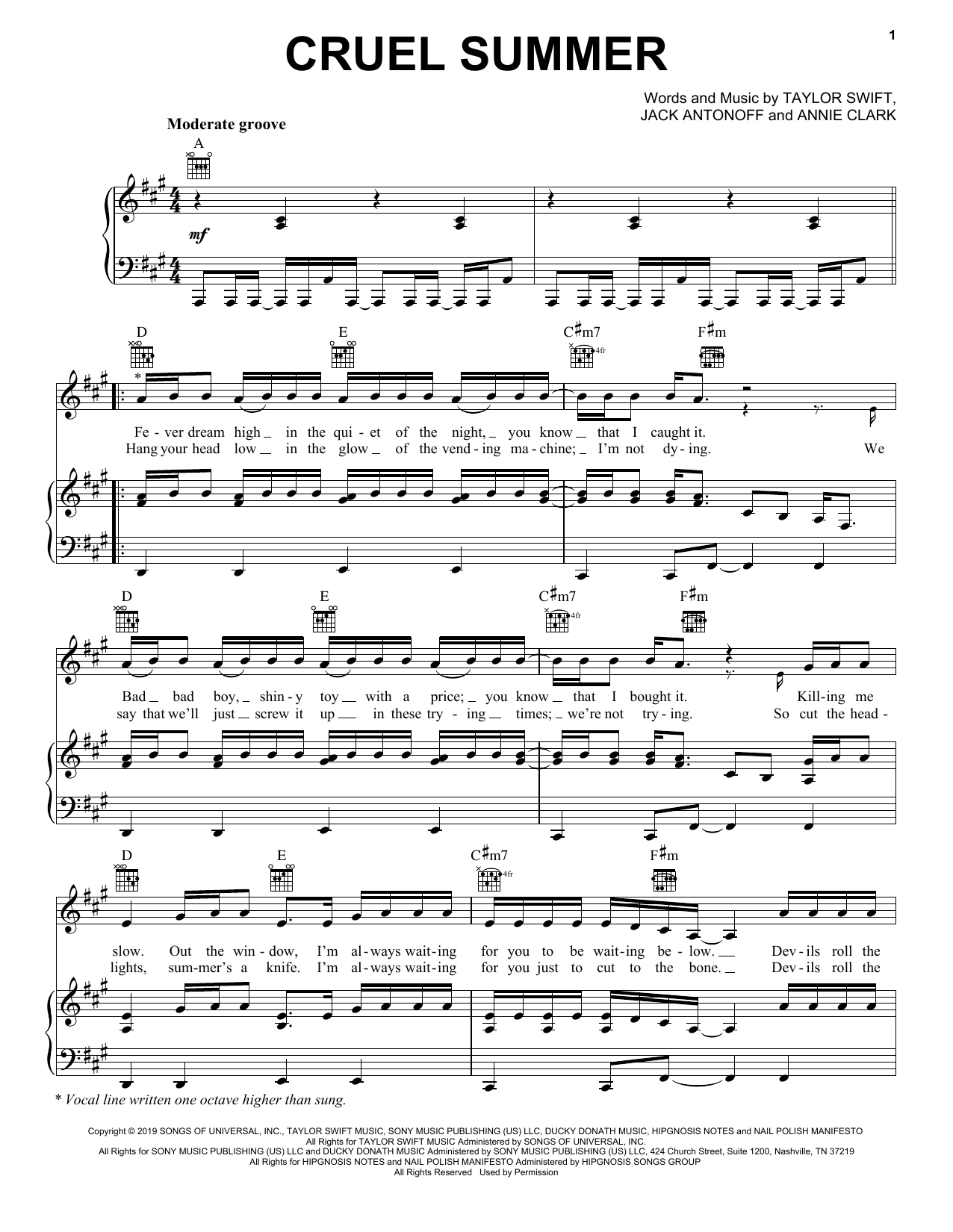 Taylor Swift Cruel Summer Sheet Music Notes & Chords for Easy Piano - Download or Print PDF