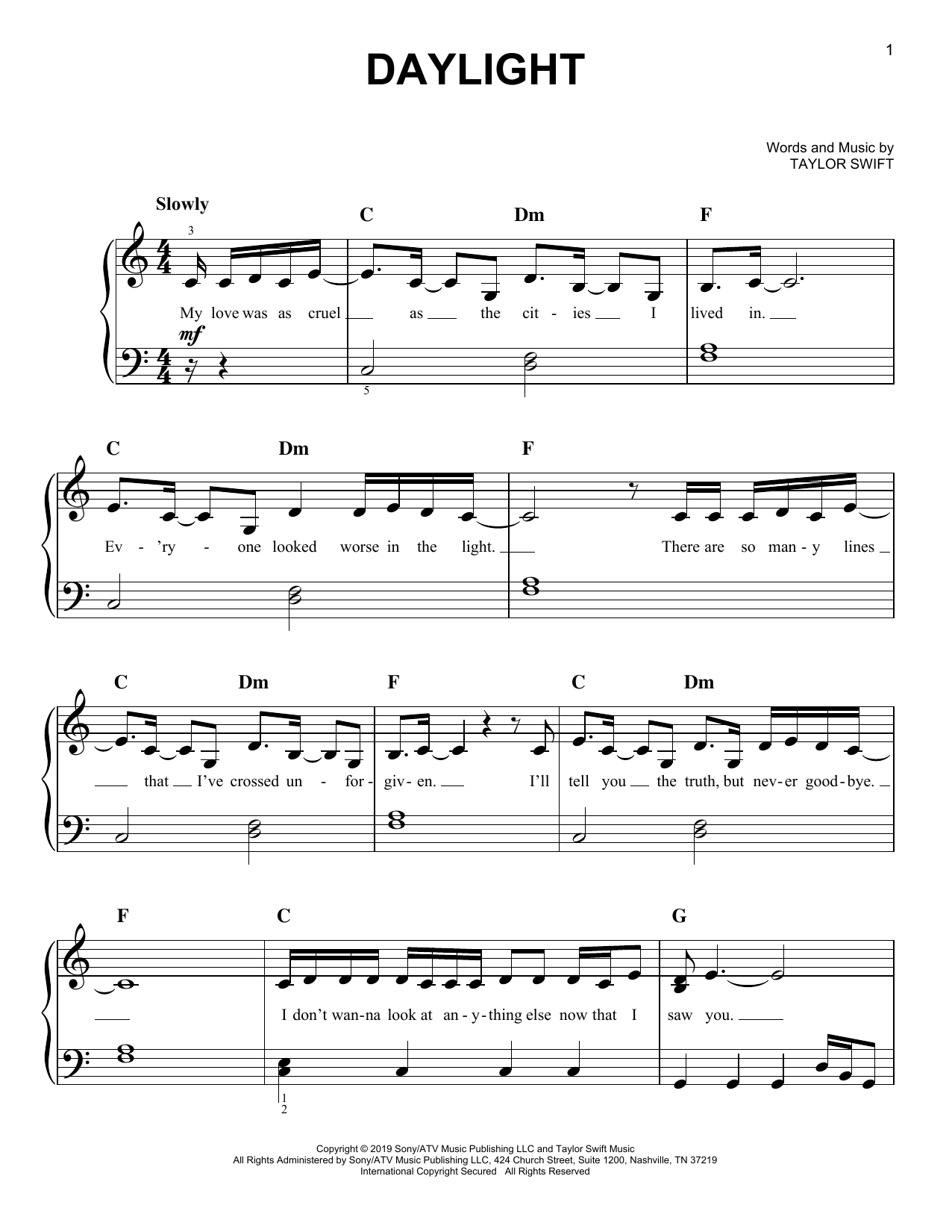 Taylor Swift Daylight Sheet Music Notes & Chords for Piano, Vocal & Guitar (Right-Hand Melody) - Download or Print PDF