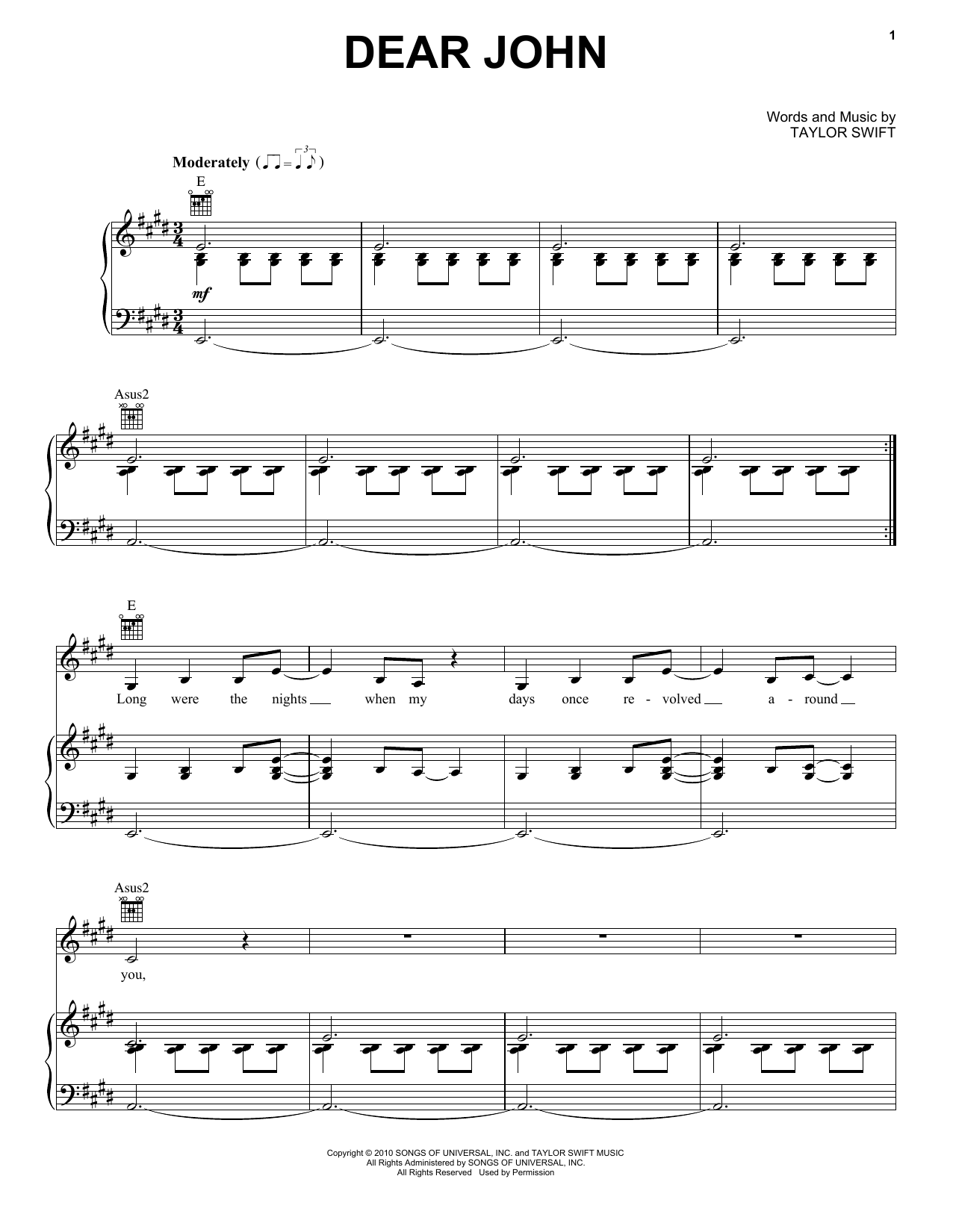 Taylor Swift Dear John Sheet Music Notes & Chords for Easy Piano - Download or Print PDF