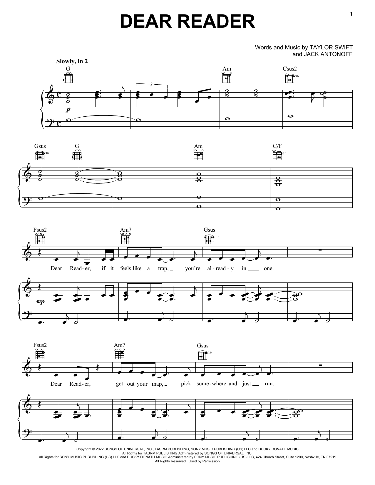 Taylor Swift Dear Reader Sheet Music Notes & Chords for Piano, Vocal & Guitar Chords (Right-Hand Melody) - Download or Print PDF