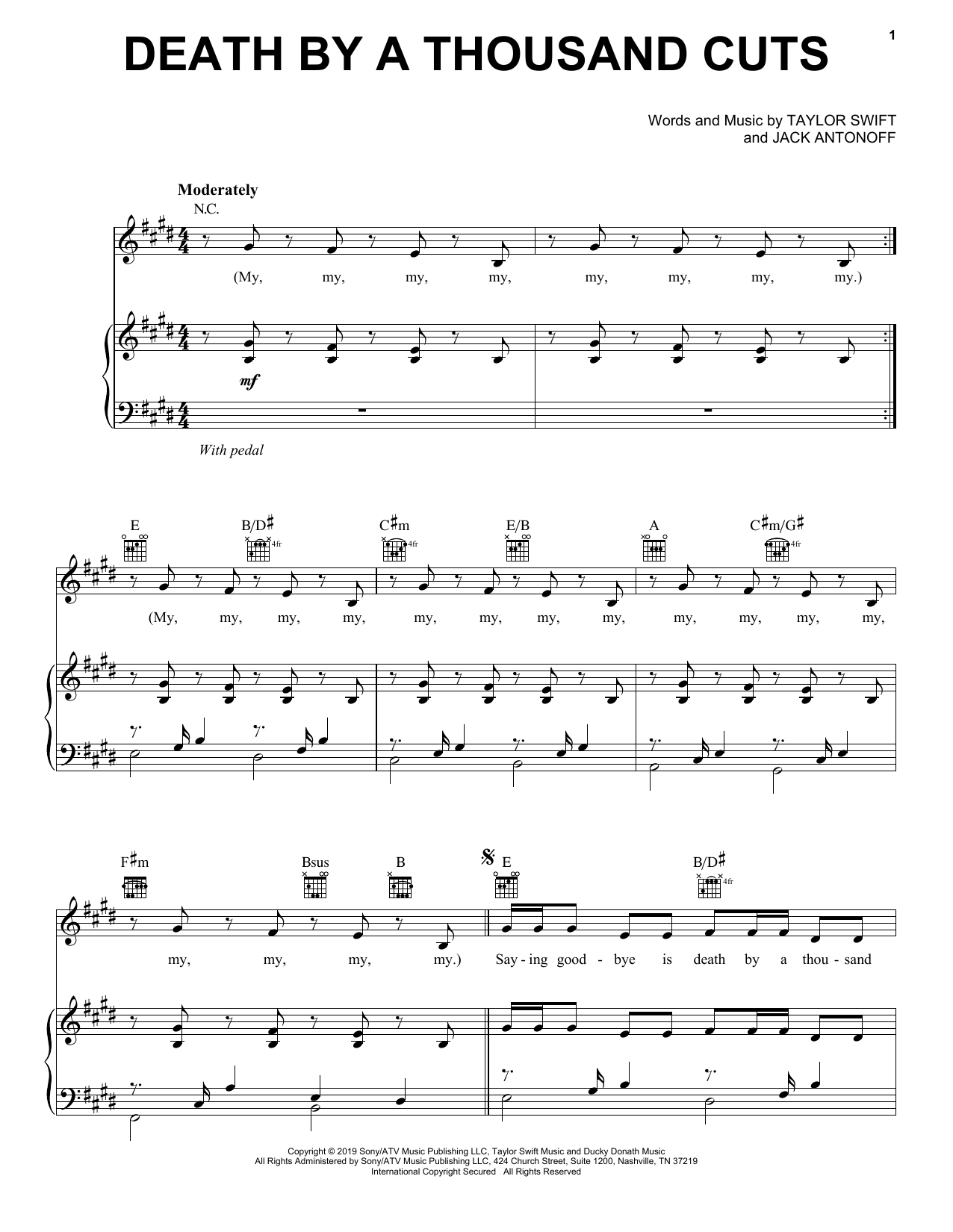 Taylor Swift Death By A Thousand Cuts Sheet Music Notes & Chords for Easy Piano - Download or Print PDF