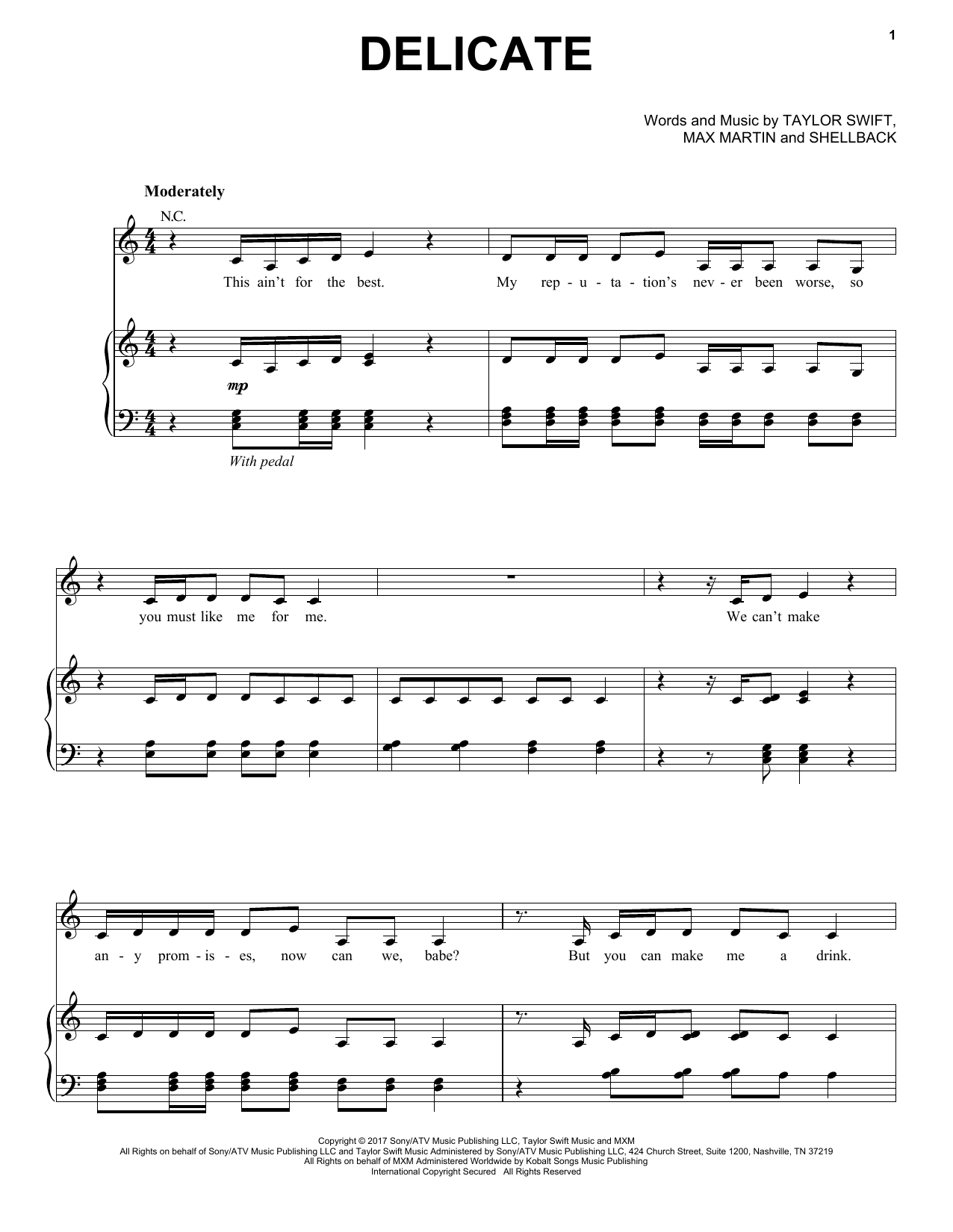 Taylor Swift Delicate Sheet Music Notes & Chords for Piano, Vocal & Guitar (Right-Hand Melody) - Download or Print PDF