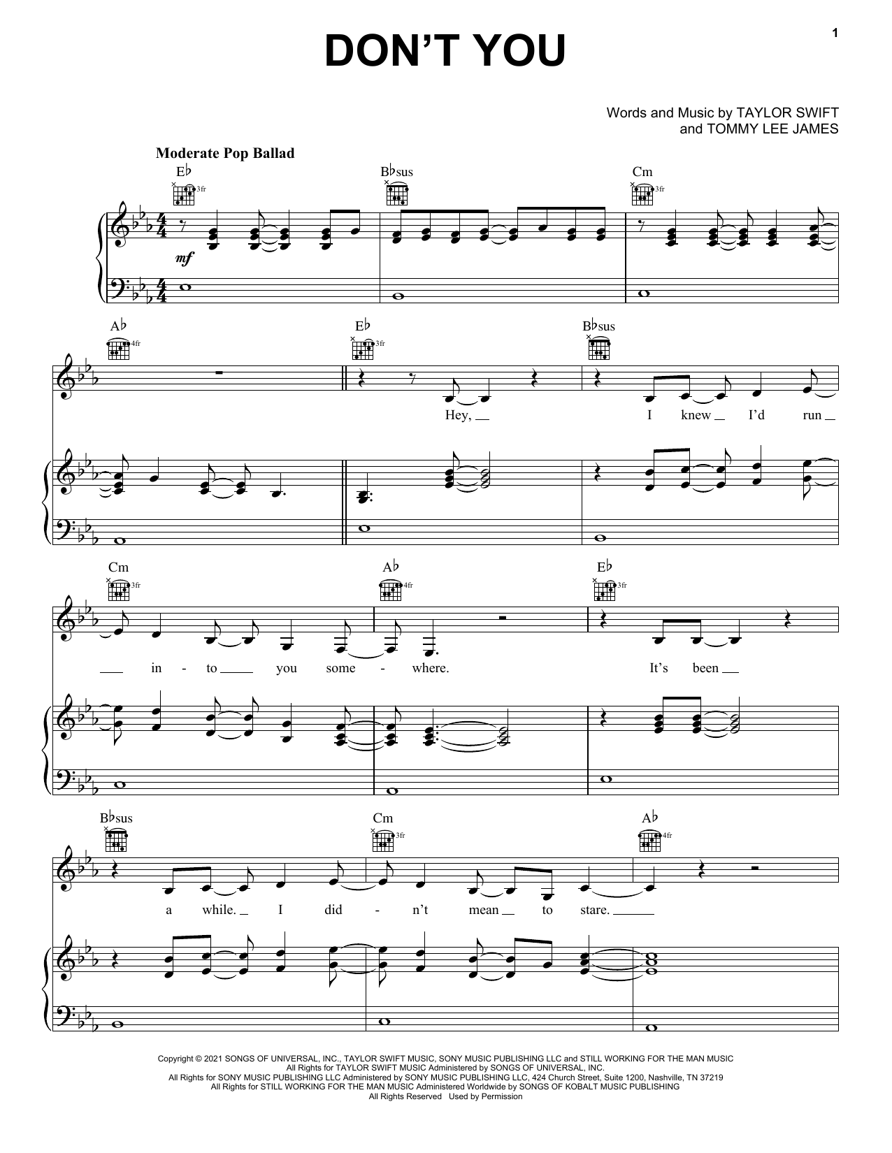 Taylor Swift Don't You (Taylor's Version) (From The Vault) Sheet Music Notes & Chords for Piano, Vocal & Guitar Chords (Right-Hand Melody) - Download or Print PDF