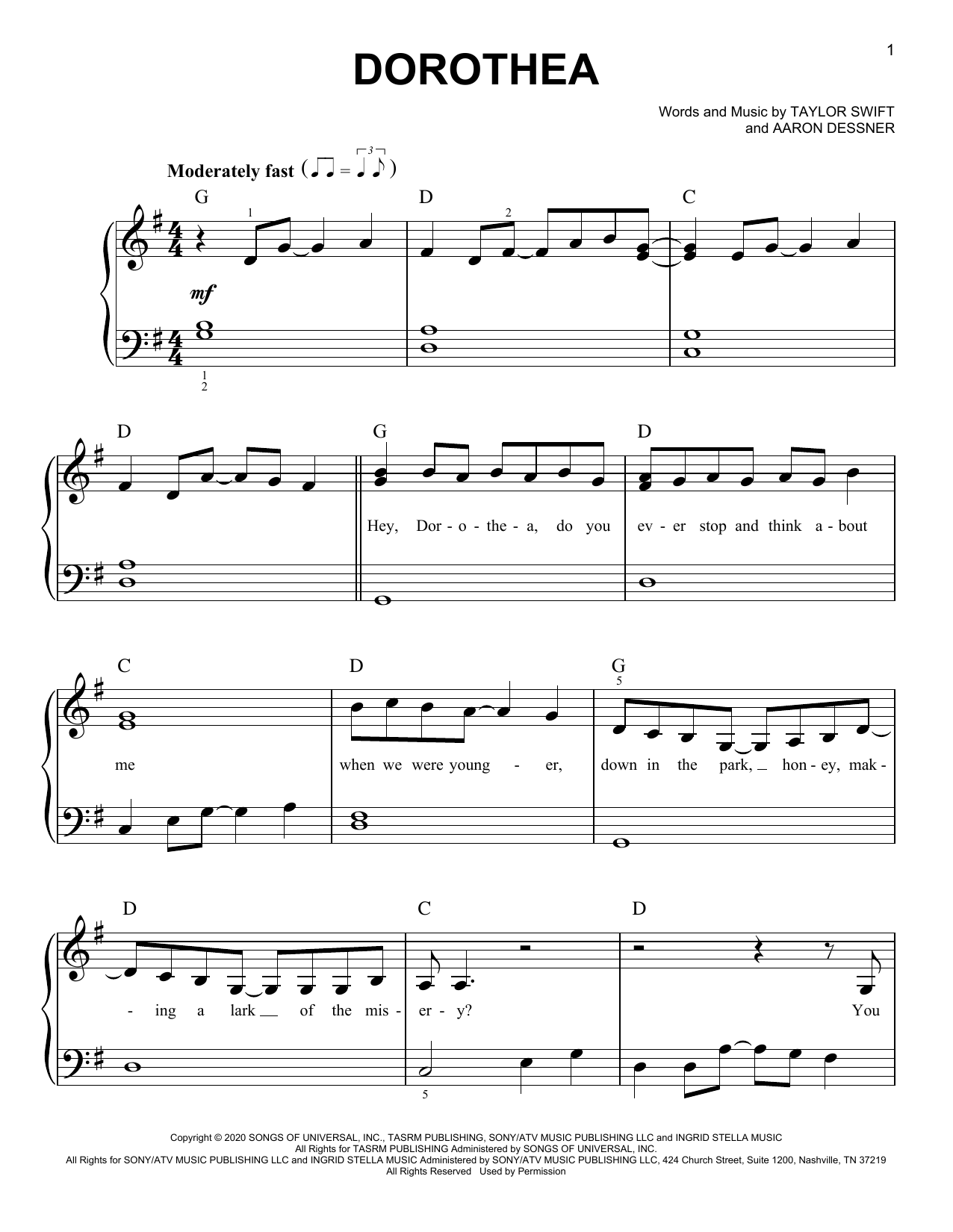 Taylor Swift dorothea Sheet Music Notes & Chords for Easy Piano - Download or Print PDF