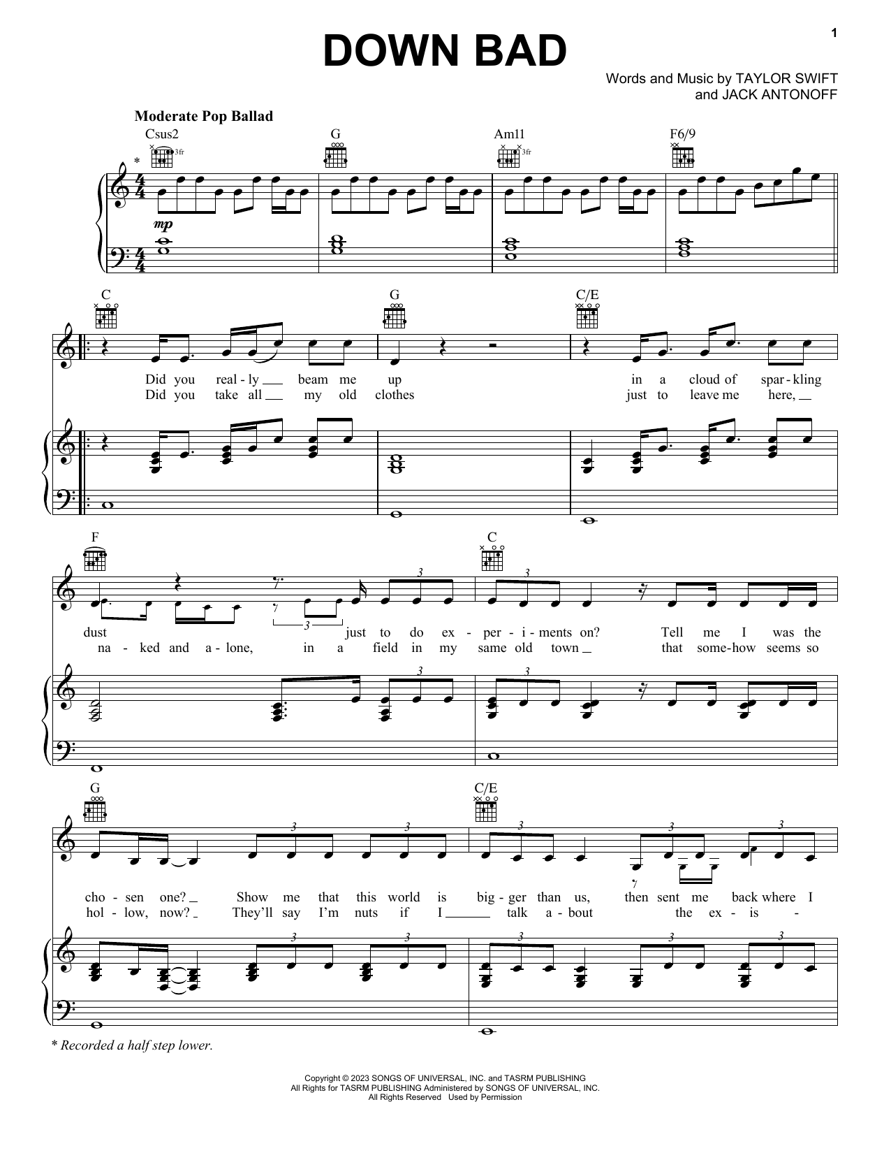 Taylor Swift Down Bad Sheet Music Notes & Chords for Piano, Vocal & Guitar Chords (Right-Hand Melody) - Download or Print PDF