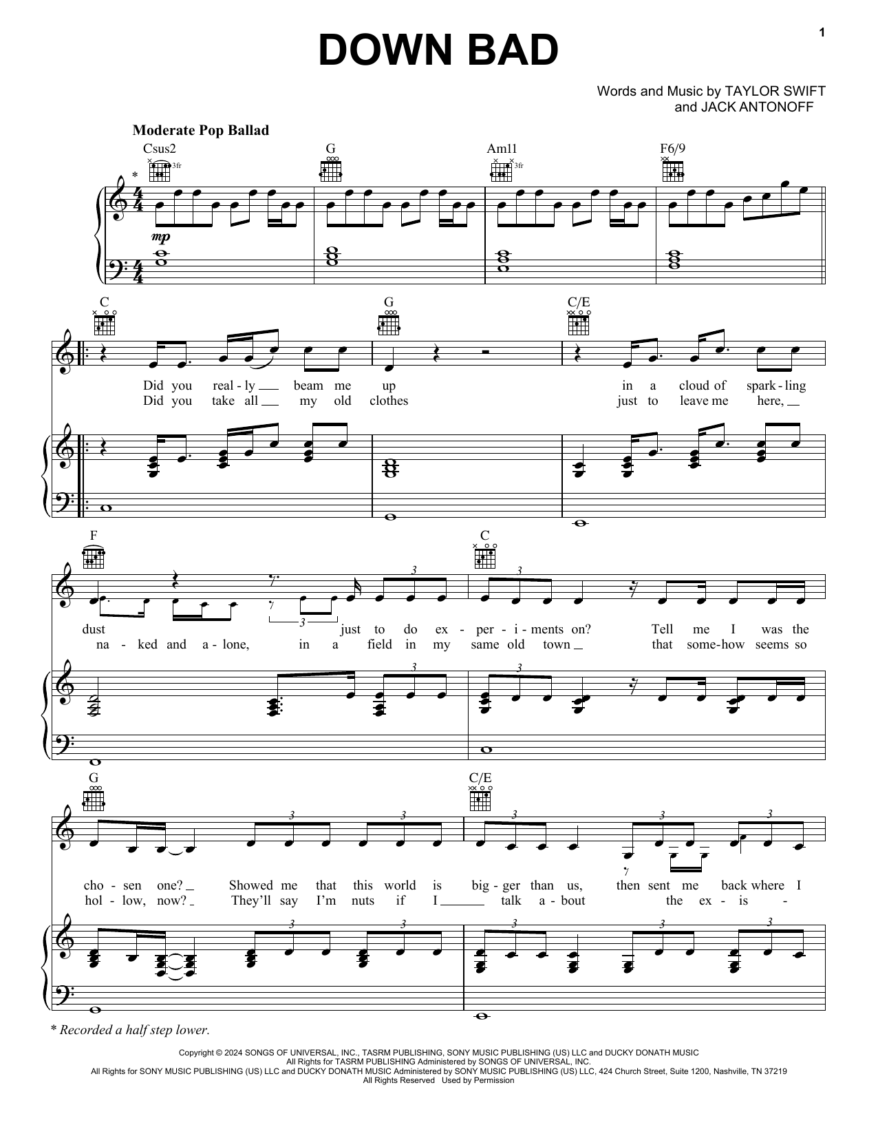 Taylor Swift Down Bad Sheet Music Notes & Chords for Piano, Vocal & Guitar Chords (Right-Hand Melody) - Download or Print PDF