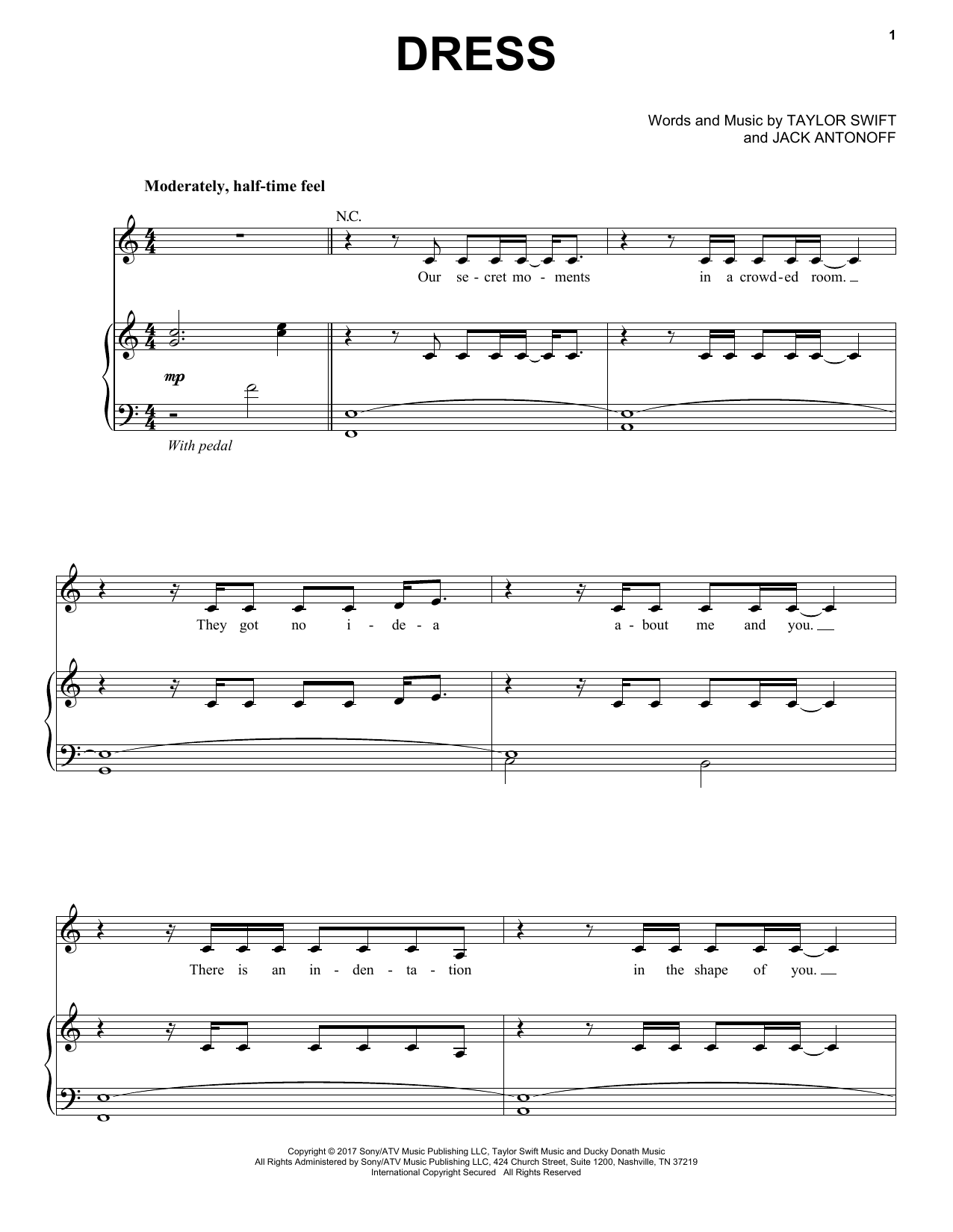Taylor Swift Dress Sheet Music Notes & Chords for Piano, Vocal & Guitar (Right-Hand Melody) - Download or Print PDF