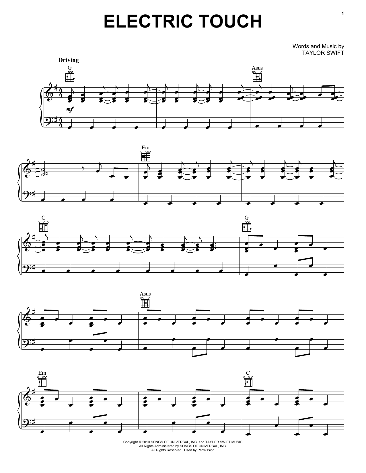 Taylor Swift Electric Touch (feat. Fall out Boy) (Taylor's Version) (From The Vault) Sheet Music Notes & Chords for Piano, Vocal & Guitar Chords (Right-Hand Melody) - Download or Print PDF