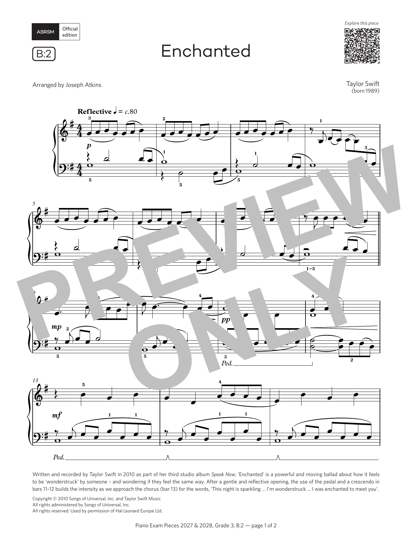 Taylor Swift Enchanted (Grade 3, list B2, from the ABRSM Piano Syllabus 2027 & 2028) Sheet Music Notes & Chords for Piano Solo - Download or Print PDF
