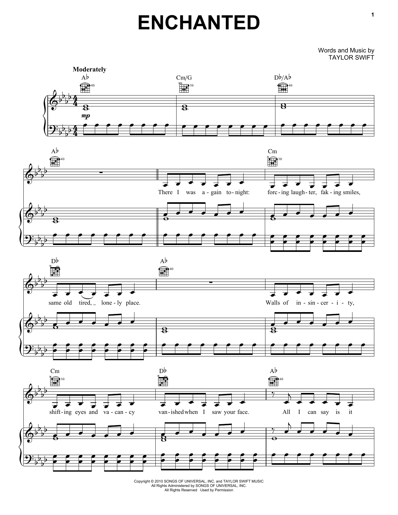 Taylor Swift Enchanted Sheet Music Notes & Chords for Piano (Big Notes) - Download or Print PDF