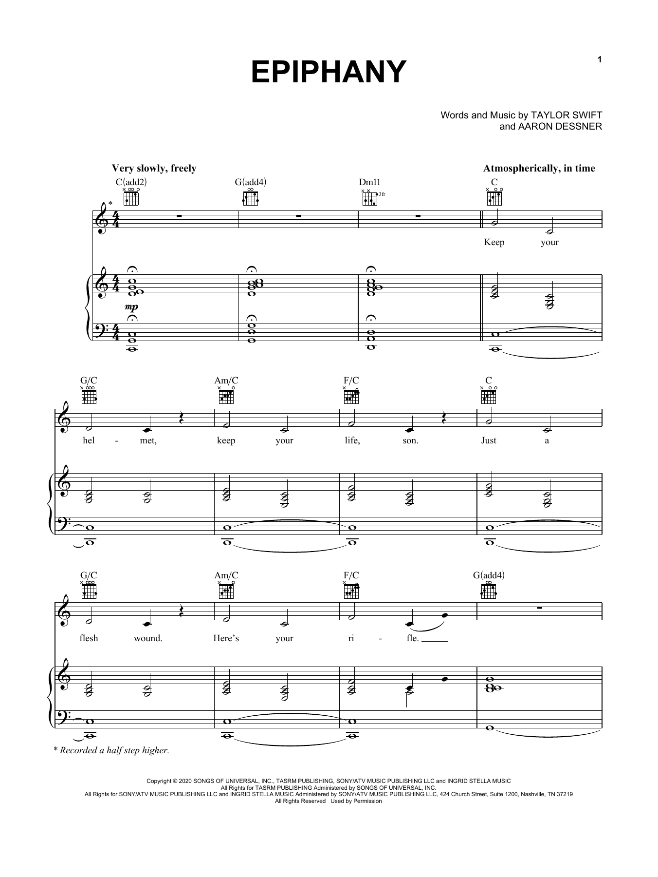 Taylor Swift epiphany Sheet Music Notes & Chords for Piano, Vocal & Guitar (Right-Hand Melody) - Download or Print PDF