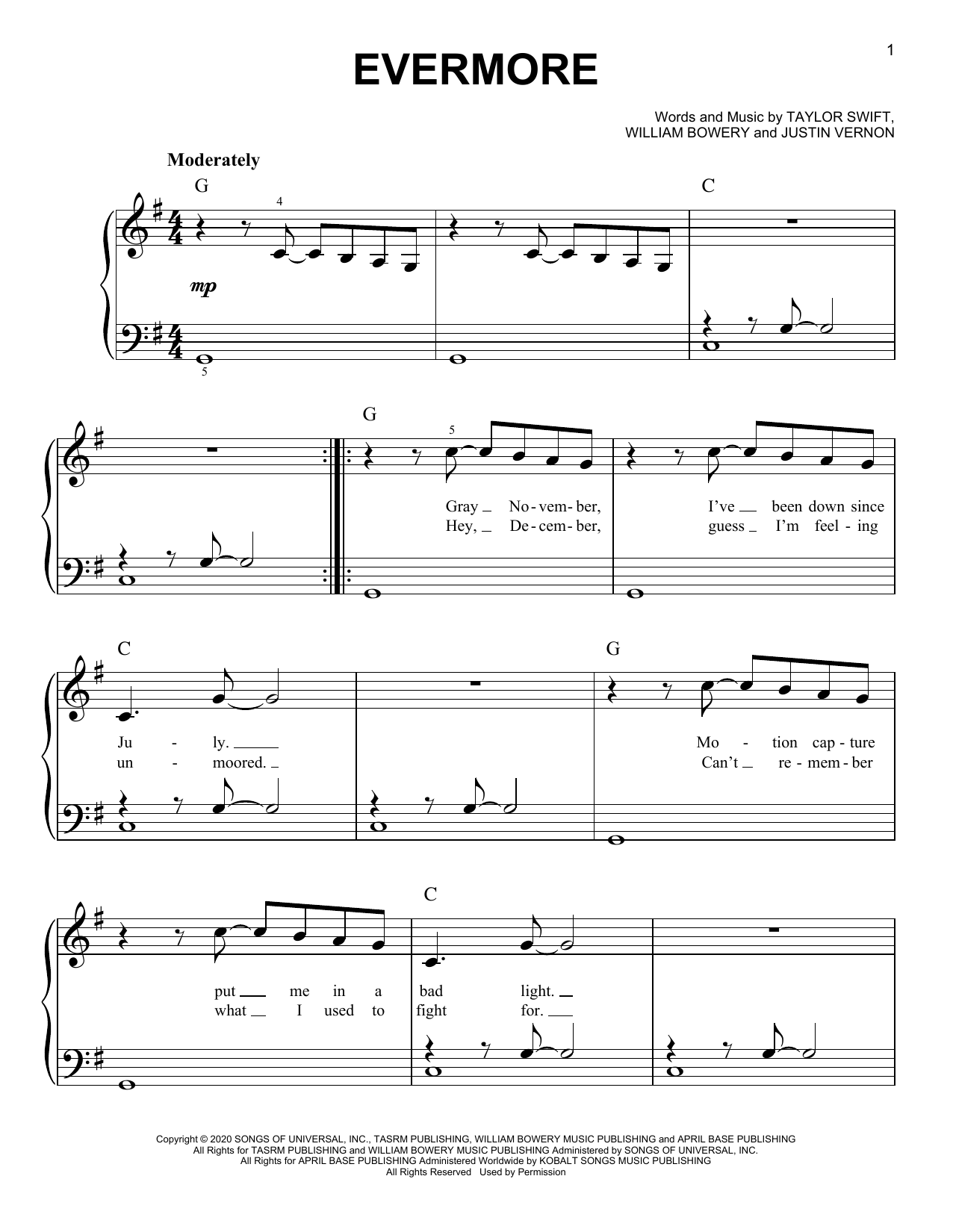 Taylor Swift evermore (feat. Bon Iver) Sheet Music Notes & Chords for Easy Piano - Download or Print PDF