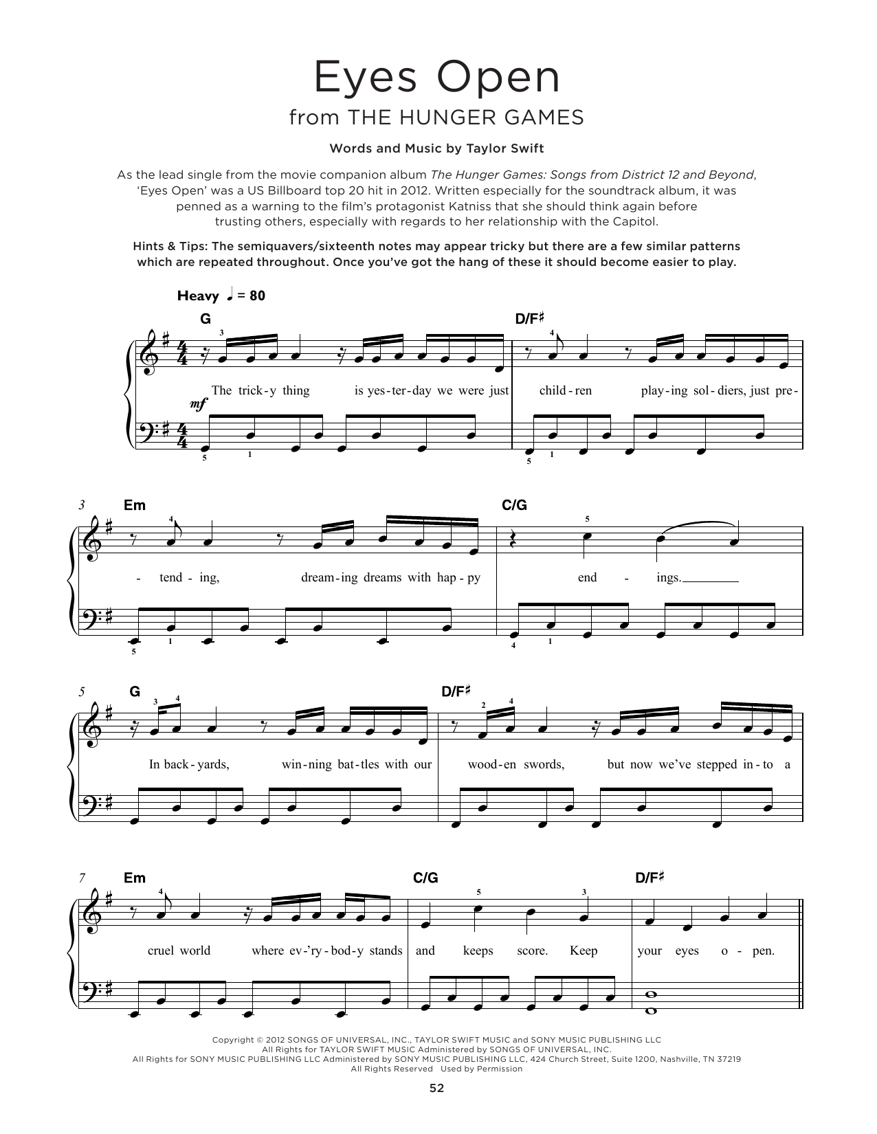 Taylor Swift Eyes Open (from The Hunger Games) Sheet Music Notes & Chords for Really Easy Piano - Download or Print PDF