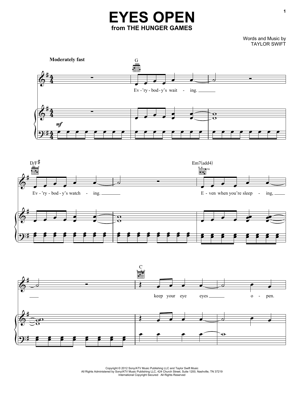 Taylor Swift Eyes Open Sheet Music Notes & Chords for Beginner Piano - Download or Print PDF