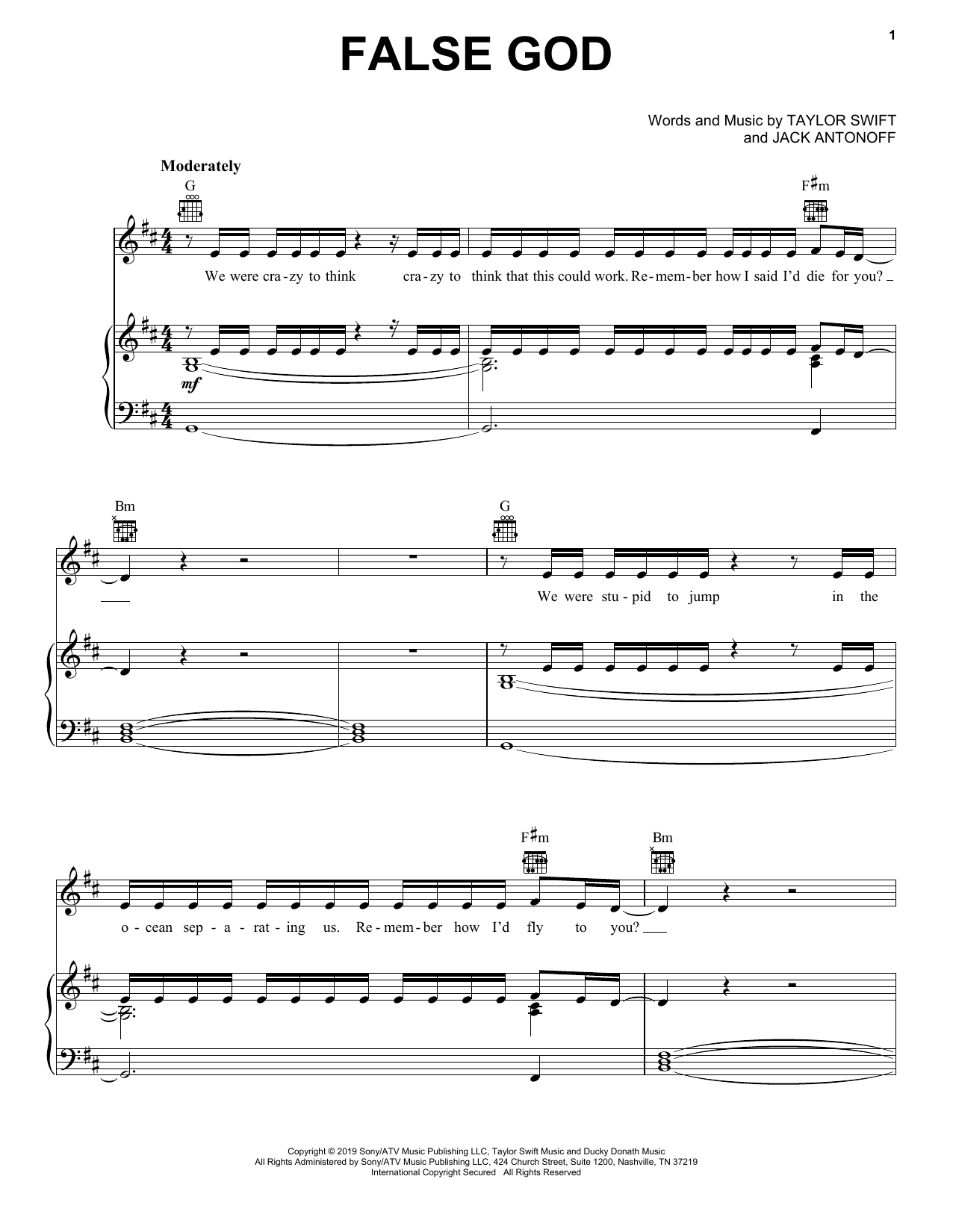 Taylor Swift False God Sheet Music Notes & Chords for Piano, Vocal & Guitar (Right-Hand Melody) - Download or Print PDF