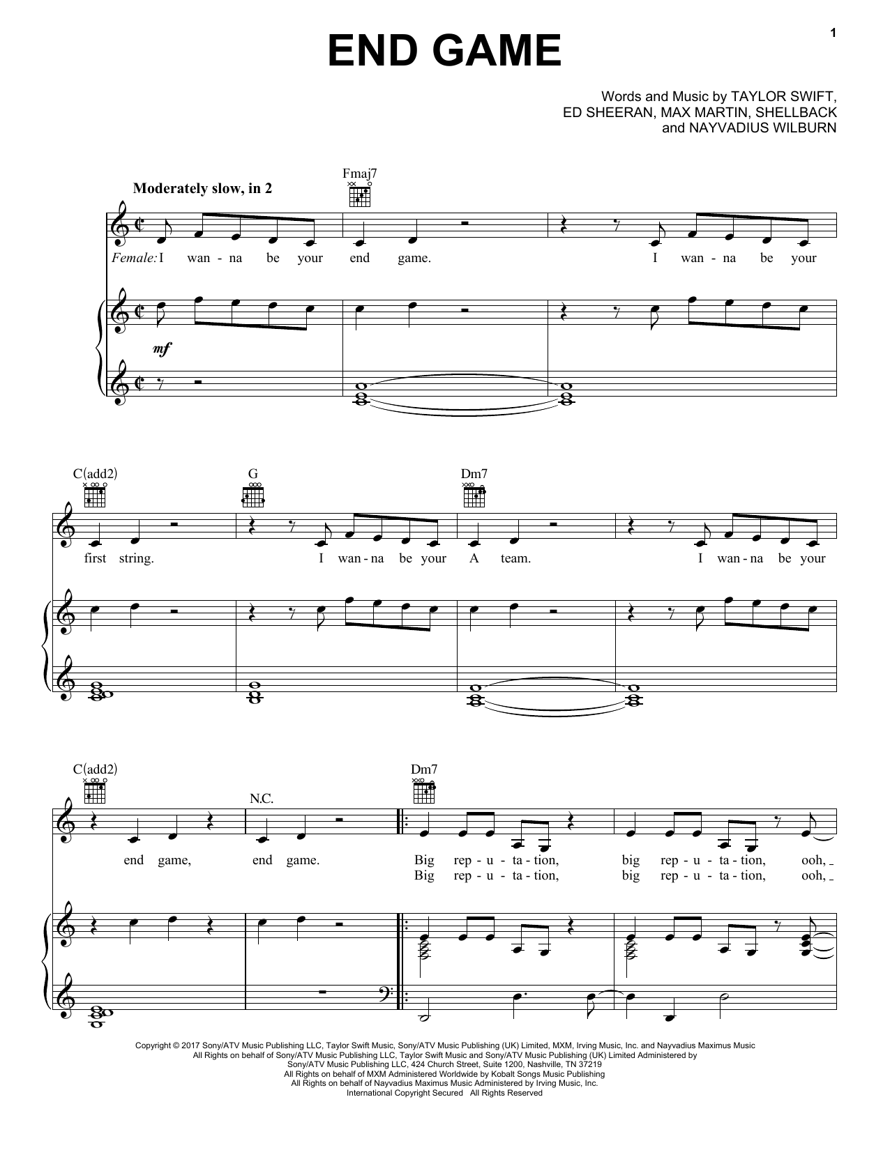 Taylor Swift feat. Ed Sheeran and Future End Game Sheet Music Notes & Chords for Piano (Big Notes) - Download or Print PDF