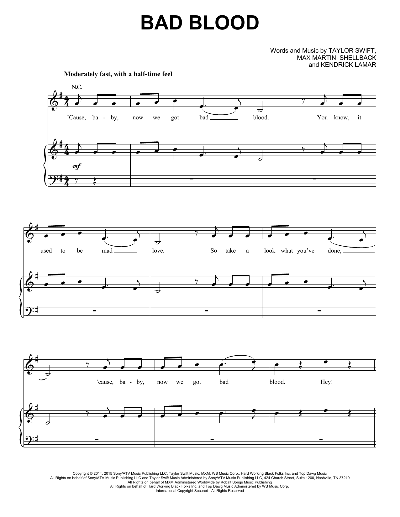 Taylor Swift (feat. Kendrick Lamar) Bad Blood Sheet Music Notes & Chords for Piano, Vocal & Guitar (Right-Hand Melody) - Download or Print PDF