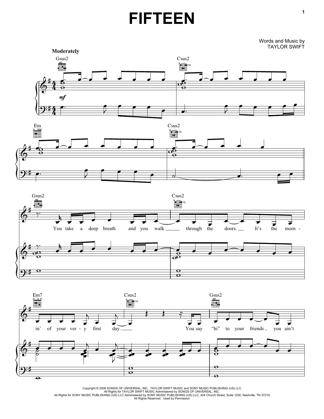 Taylor Swift Fifteen Sheet Music Notes & Chords for Piano, Vocal & Guitar (Right-Hand Melody) - Download or Print PDF