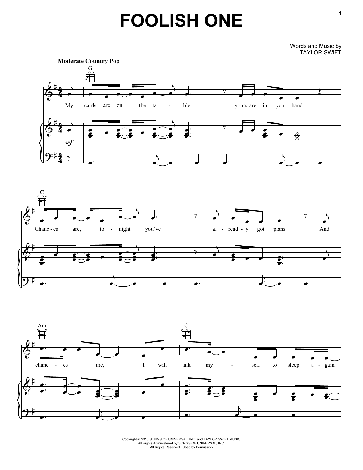 Taylor Swift Foolish One (Taylor's Version) (From The Vault) Sheet Music Notes & Chords for Piano, Vocal & Guitar Chords (Right-Hand Melody) - Download or Print PDF