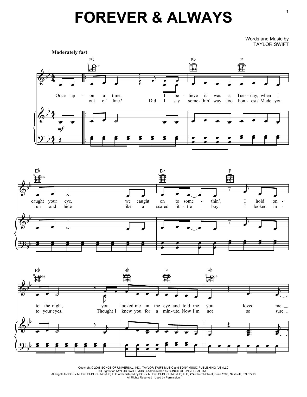 Taylor Swift Forever & Always Sheet Music Notes & Chords for Lyrics & Chords - Download or Print PDF