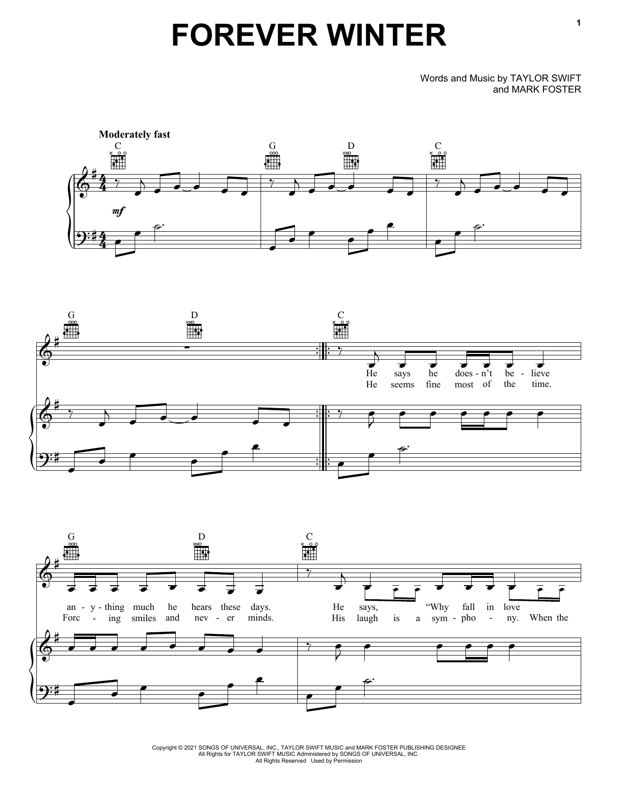 Taylor Swift Forever Winter (Taylor's Version) (From The Vault) Sheet Music Notes & Chords for Piano, Vocal & Guitar Chords (Right-Hand Melody) - Download or Print PDF