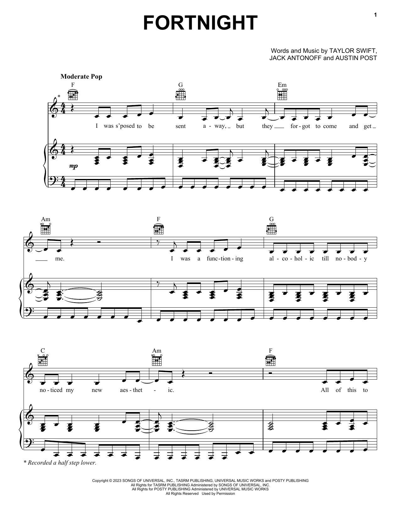 Taylor Swift Fortnight (feat. Post Malone) Sheet Music Notes & Chords for Guitar Chords/Lyrics - Download or Print PDF